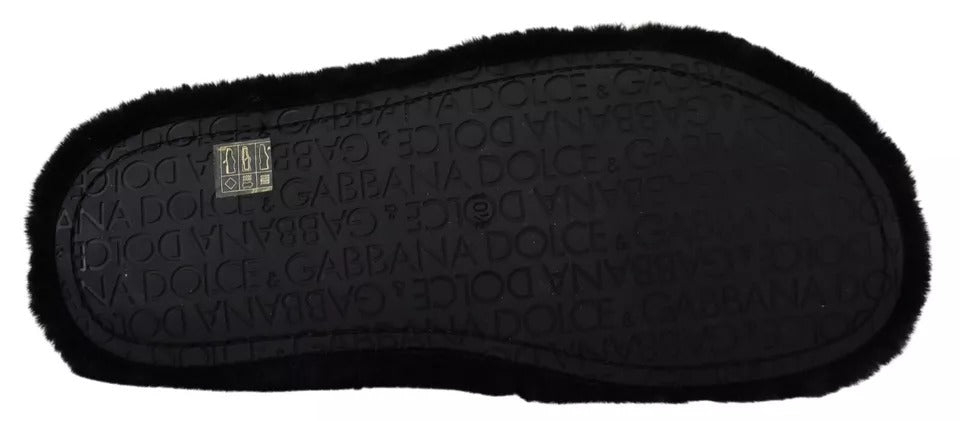 Dolce &amp; Gabbana Schwarze Polyester Kunstfell Herren Flache Sandalen Schuhe