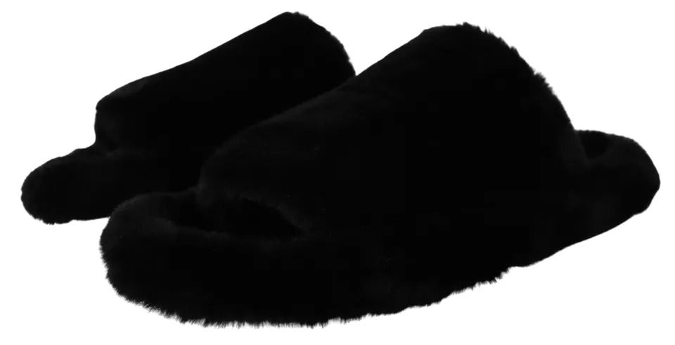 Dolce &amp; Gabbana Schwarze Polyester Kunstfell Herren Flache Sandalen Schuhe