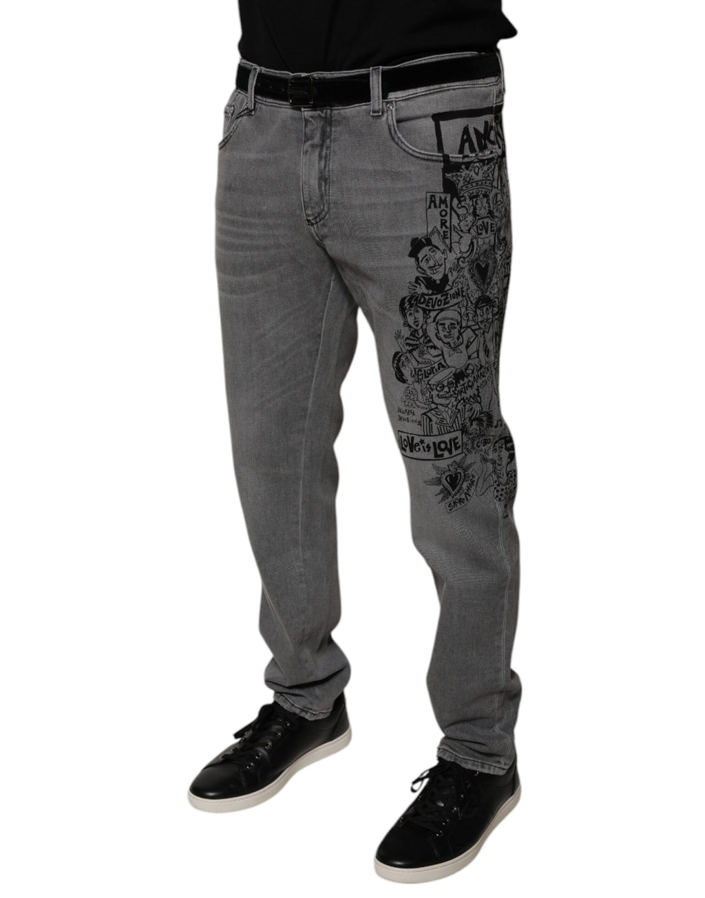 Dolce &amp; Gabbana – Graue Skinny-Jeans aus Baumwolle mit Grafikdruck