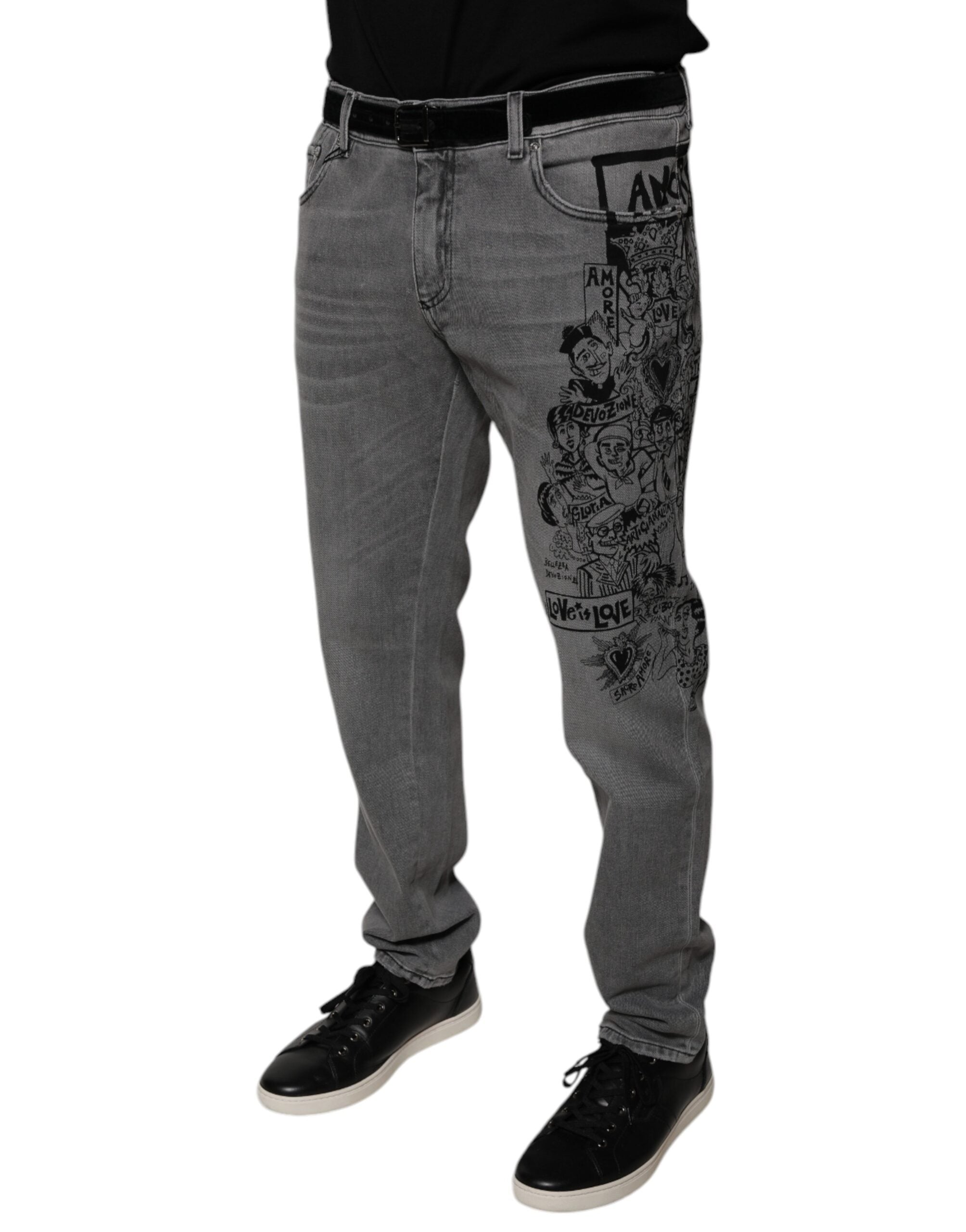 Dolce &amp; Gabbana – Graue Skinny-Jeans aus Baumwolle mit Grafikdruck