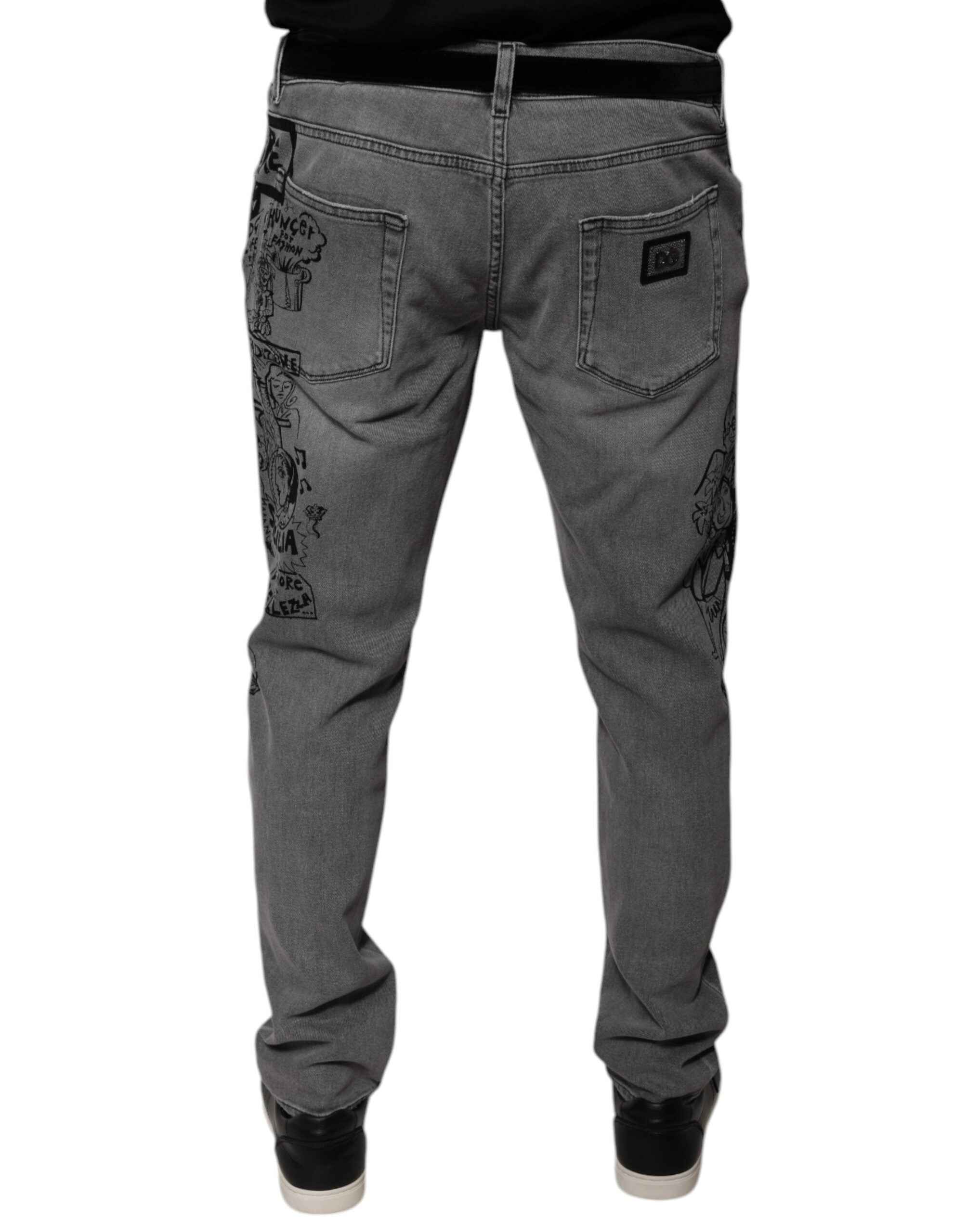 Dolce &amp; Gabbana – Graue Skinny-Jeans aus Baumwolle mit Grafikdruck
