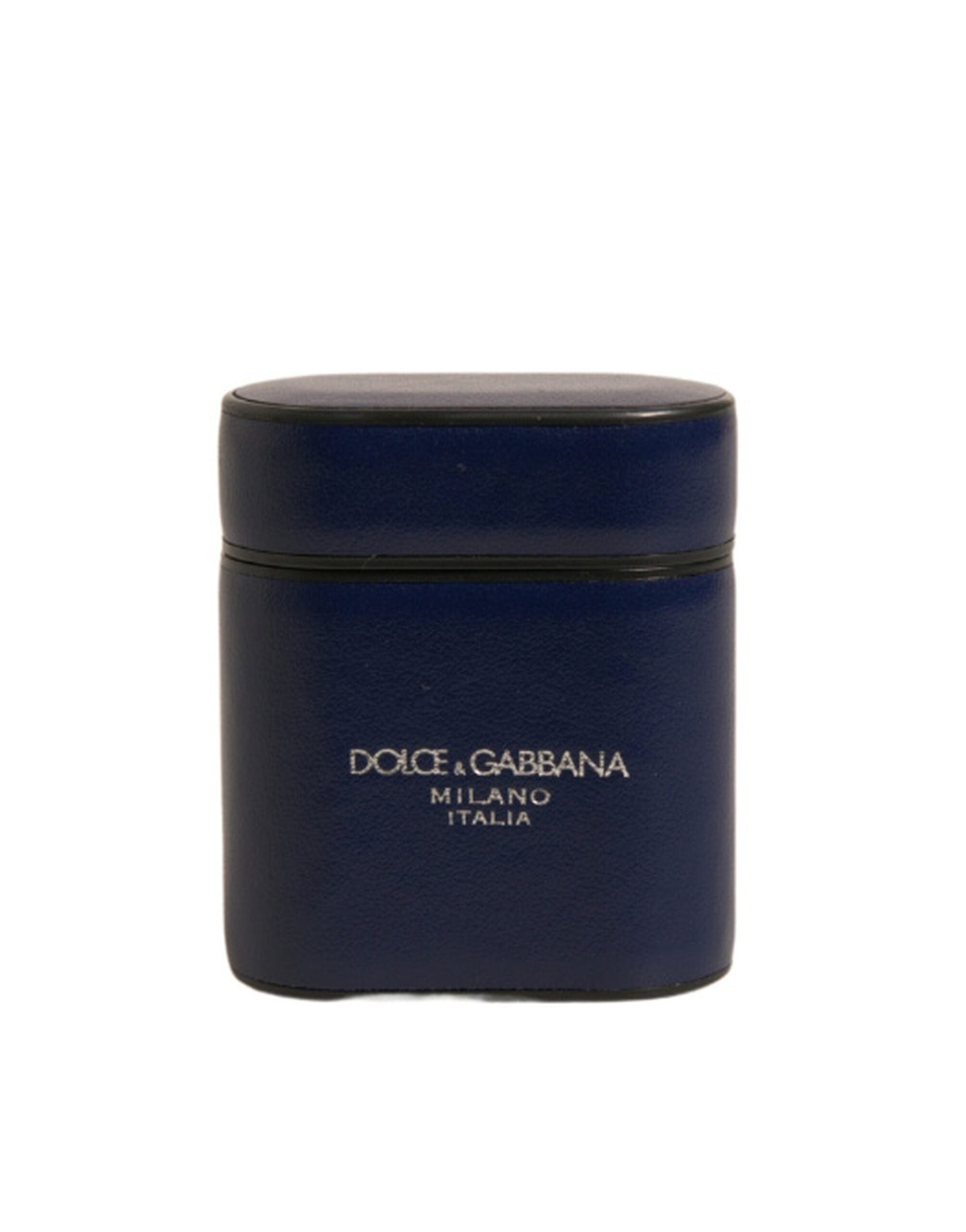 Dolce &amp; Gabbana – Airpods-Hülle mit Klapphalter aus blauem Leder mit Logo-Print