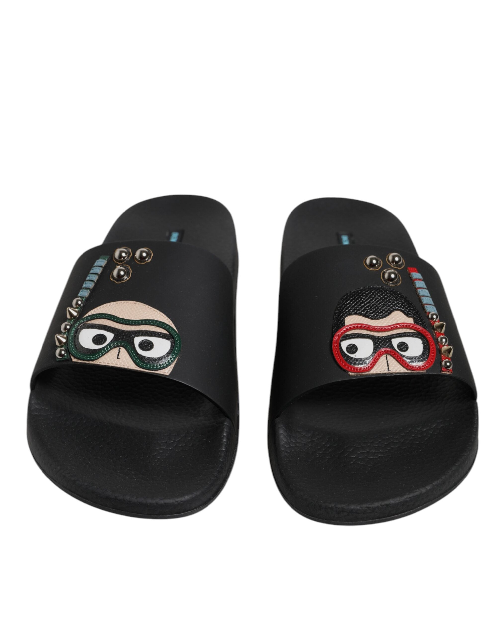 Dolce &amp; Gabbana Schwarze Taucher Leder Flats Slides Sandalen Strandschuhe