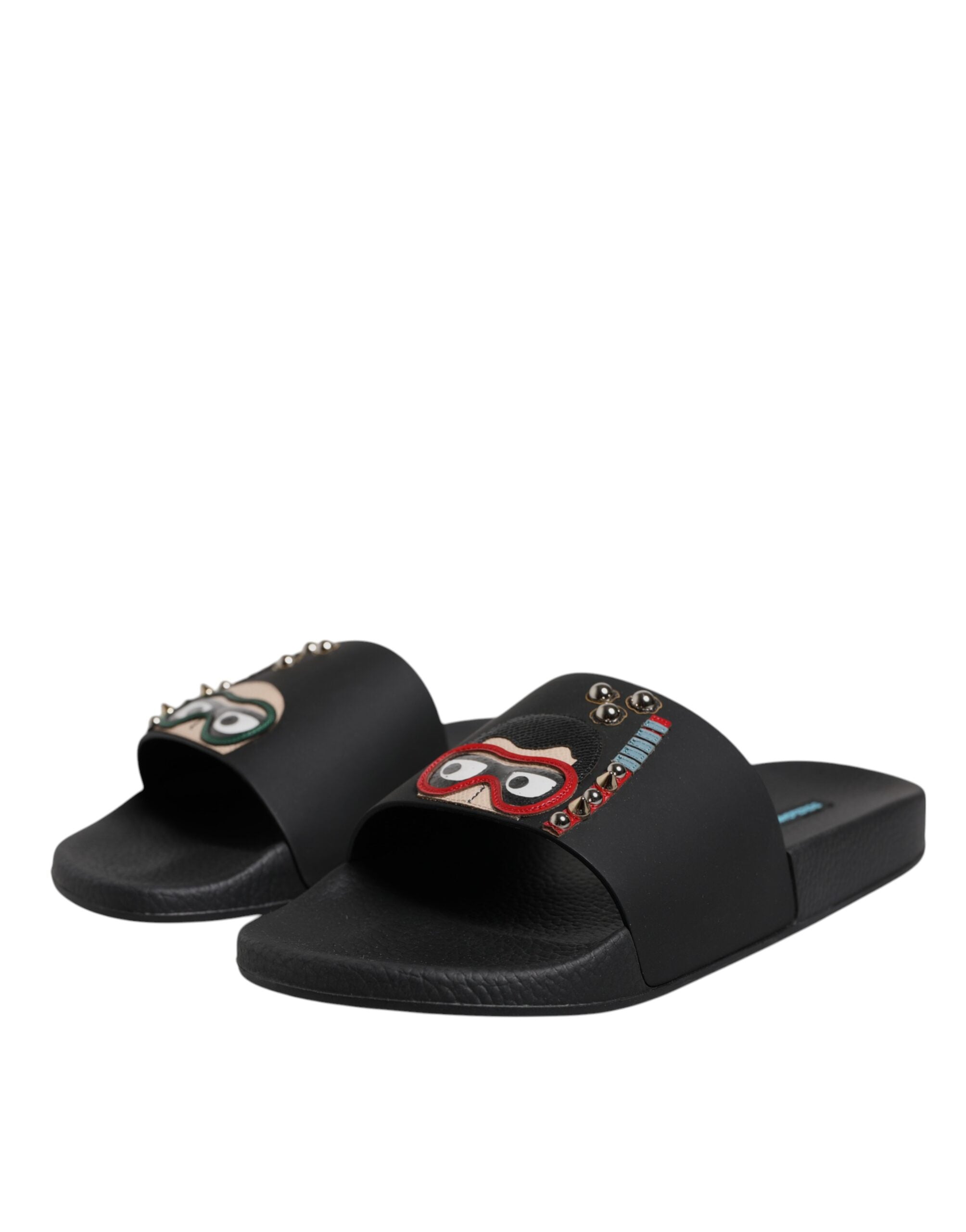 Dolce &amp; Gabbana Schwarze Taucher Leder Flats Slides Sandalen Strandschuhe
