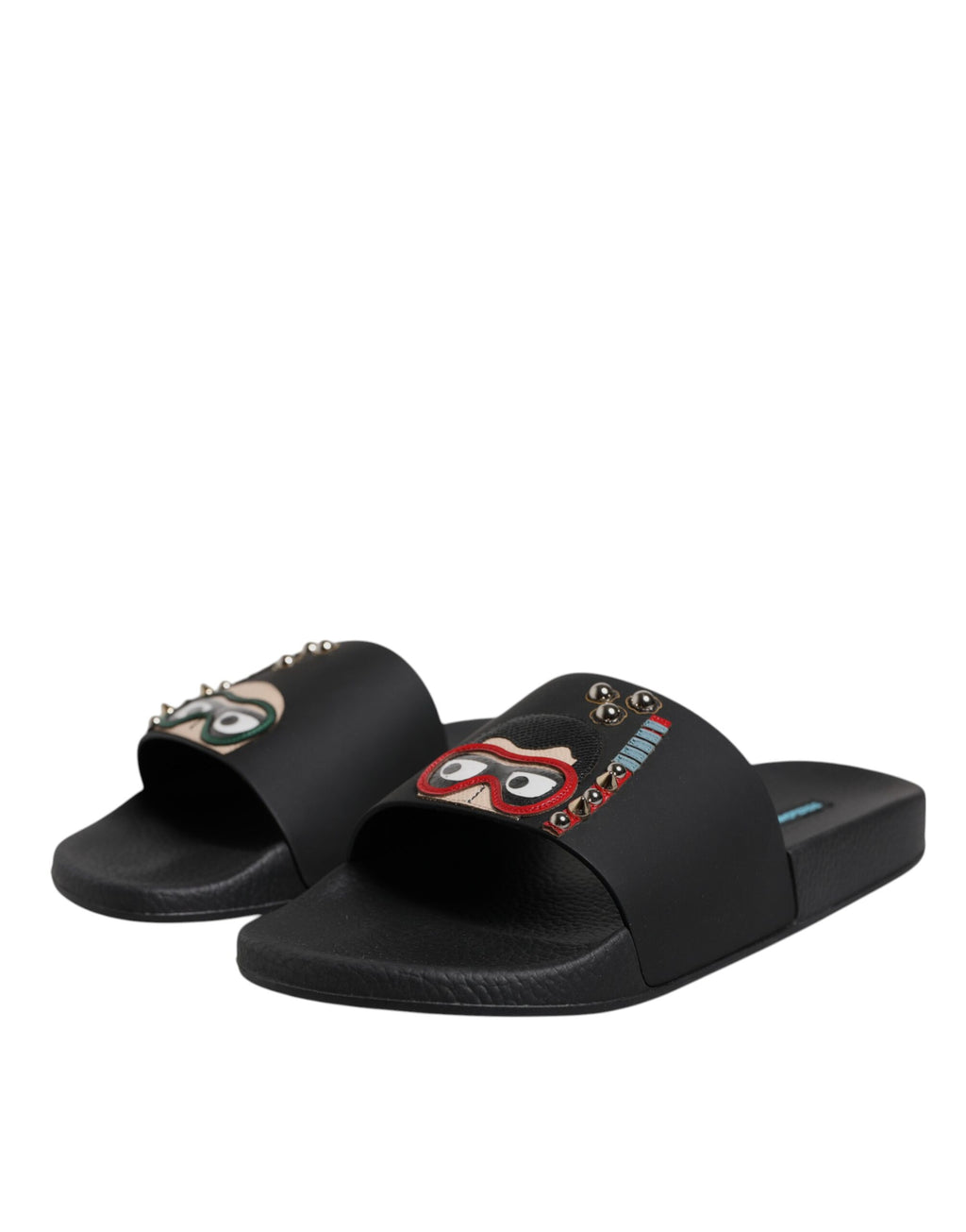Dolce &amp; Gabbana Schwarze Taucher Leder Flats Slides Sandalen Strandschuhe