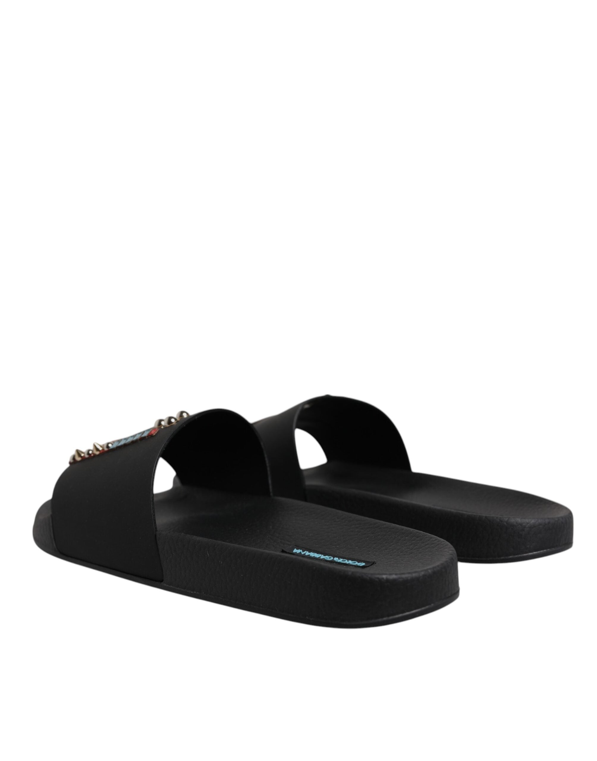 Dolce &amp; Gabbana Schwarze Taucher Leder Flats Slides Sandalen Strandschuhe