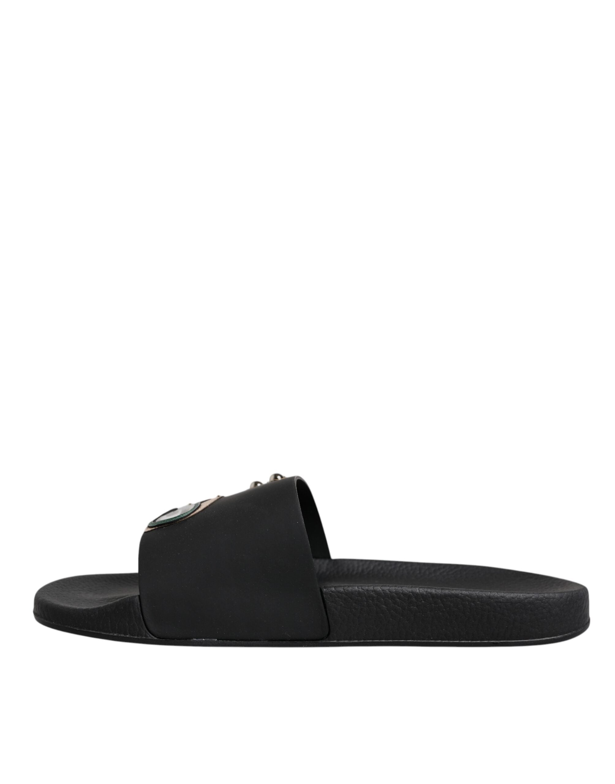 Dolce &amp; Gabbana Schwarze Taucher Leder Flats Slides Sandalen Strandschuhe