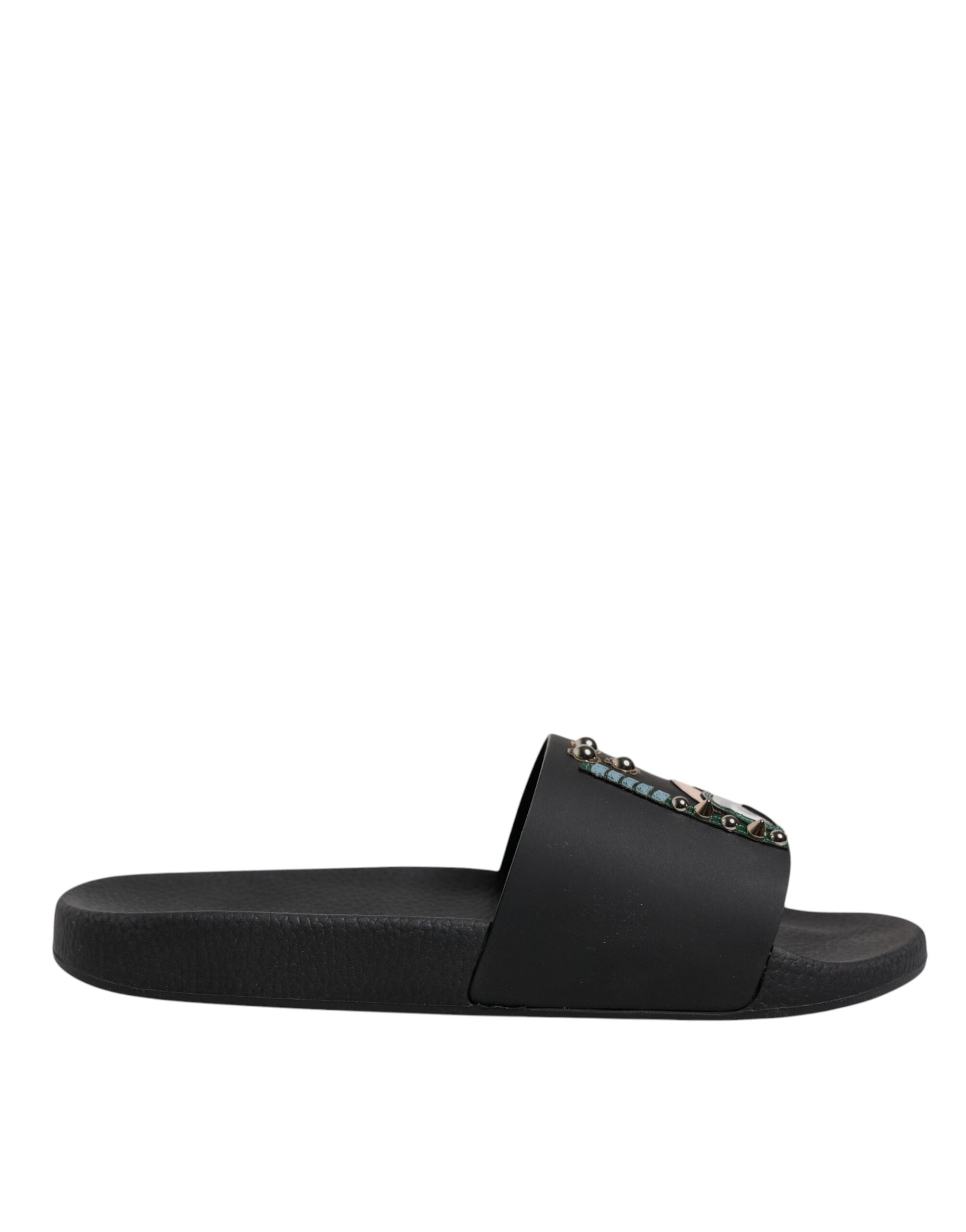 Dolce &amp; Gabbana Schwarze Taucher Leder Flats Slides Sandalen Strandschuhe