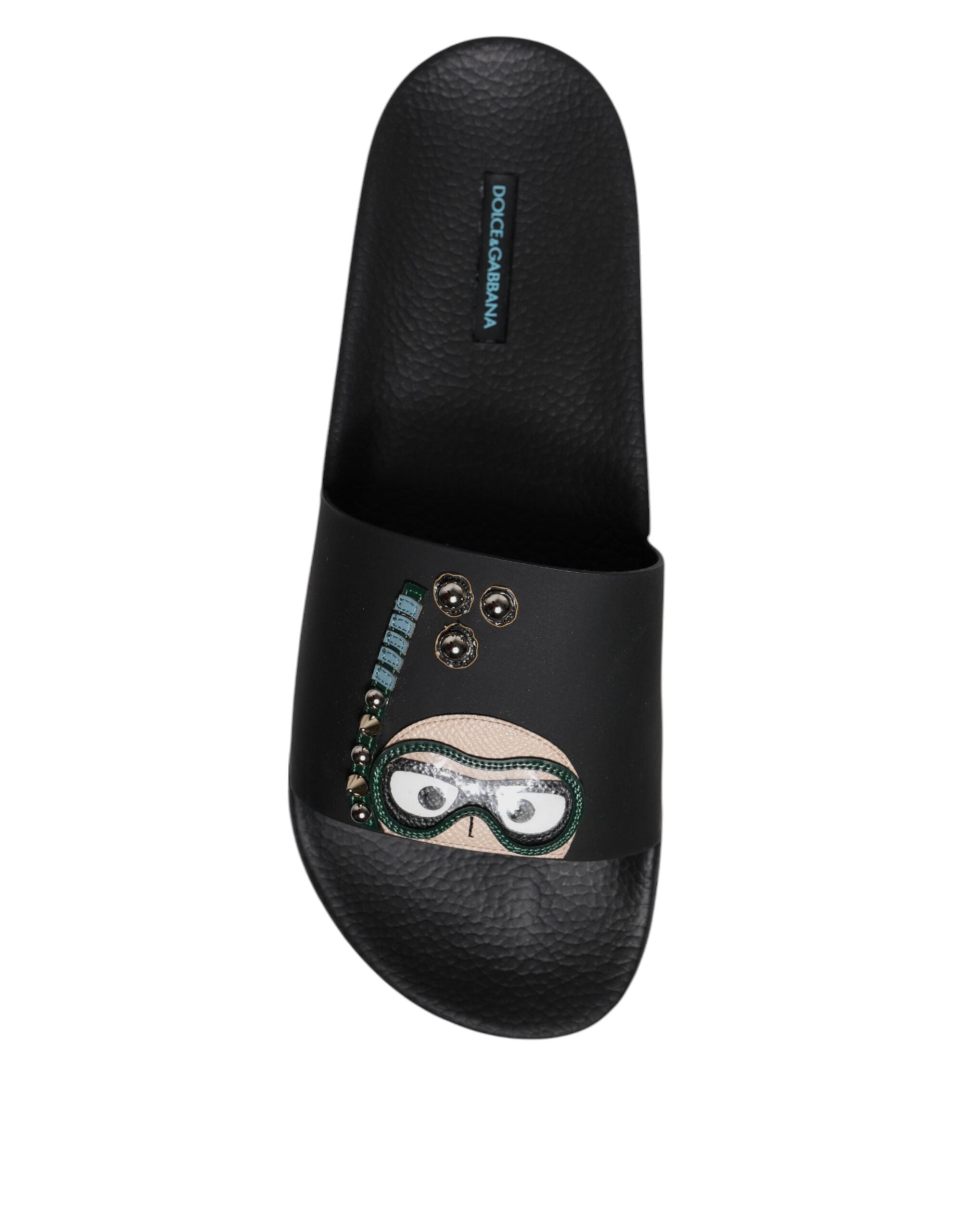 Dolce &amp; Gabbana Schwarze Taucher Leder Flats Slides Sandalen Strandschuhe