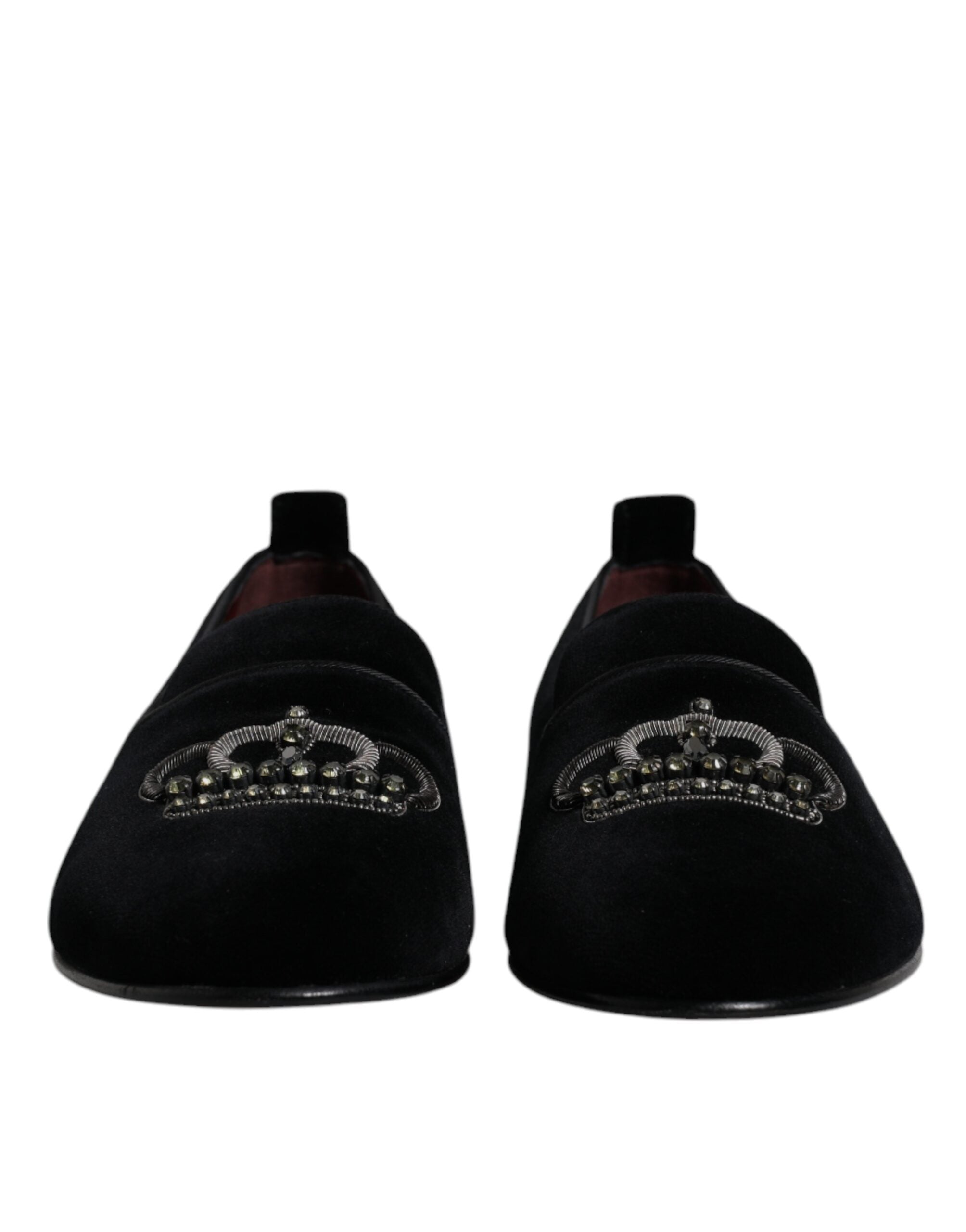 Dolce &amp; Gabbana – Schwarze Loafer aus Samt mit Kristallkrone und formeller Kleidung