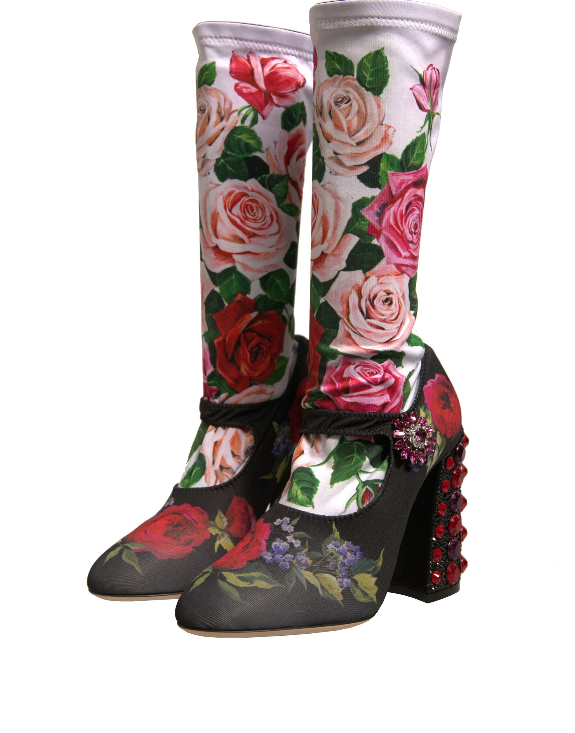 Dolce &amp; Gabbana Schwarze Blumensocken Kristallstiefel Jerseyschuhe