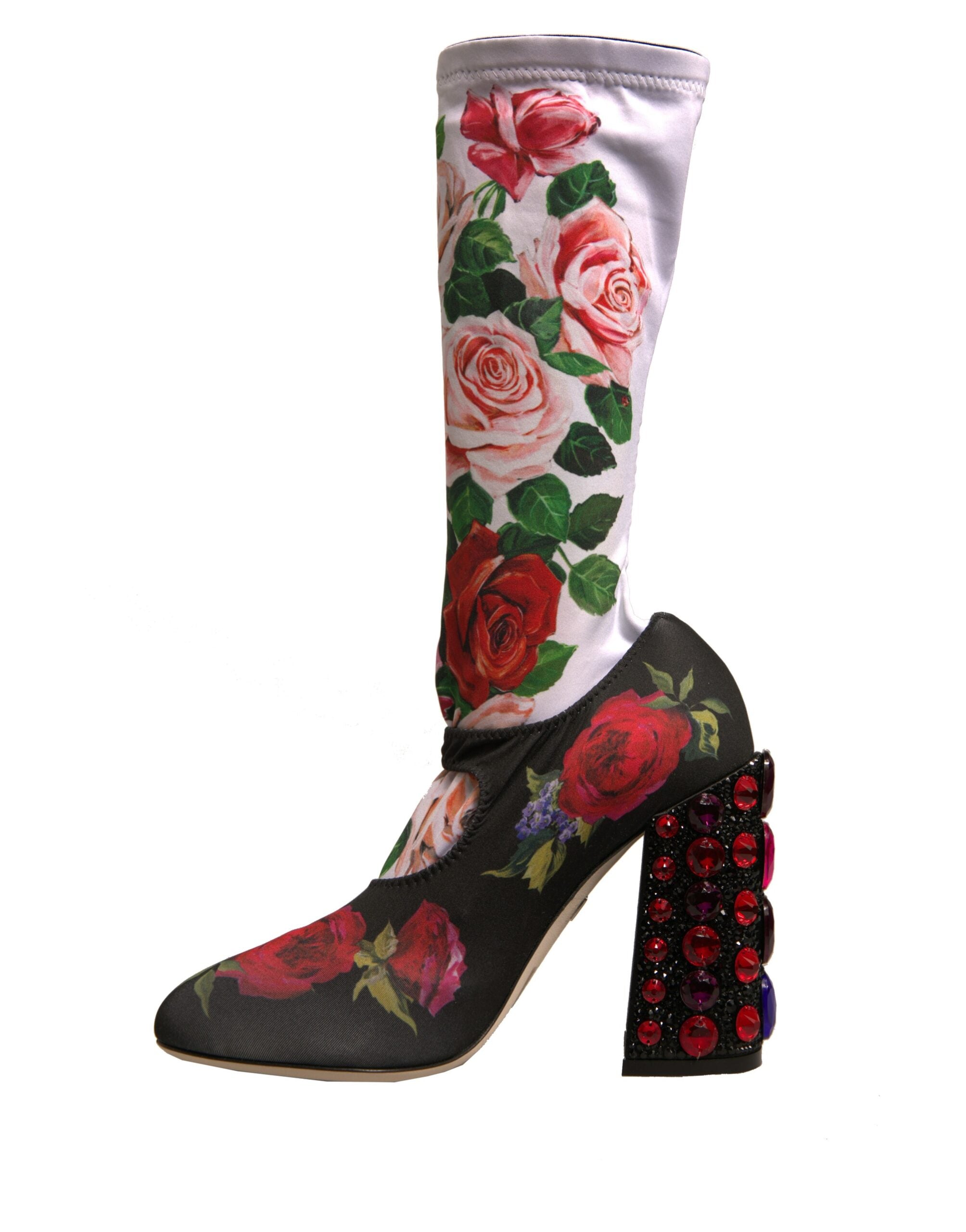 Dolce &amp; Gabbana Schwarze Blumensocken Kristallstiefel Jerseyschuhe
