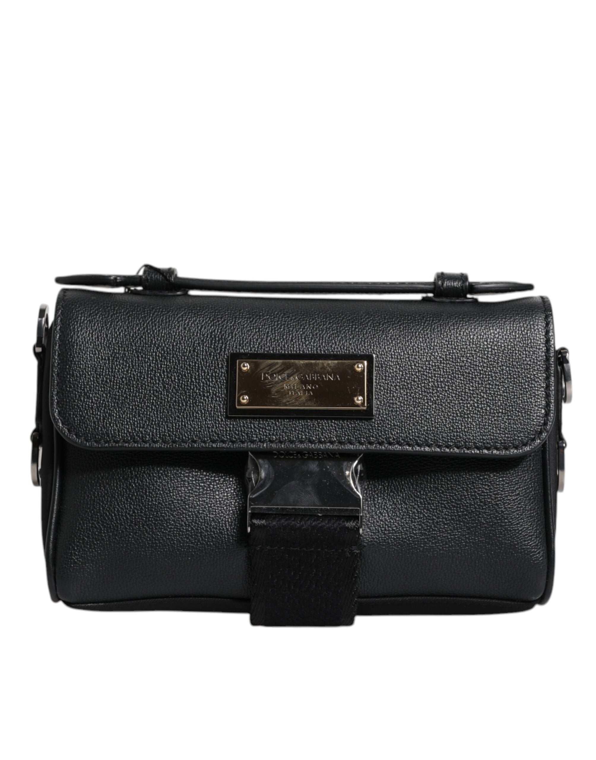 Dolce &amp; Gabbana – Schwarze Umhängetasche aus Leder mit Logo-Schild und Schnalle