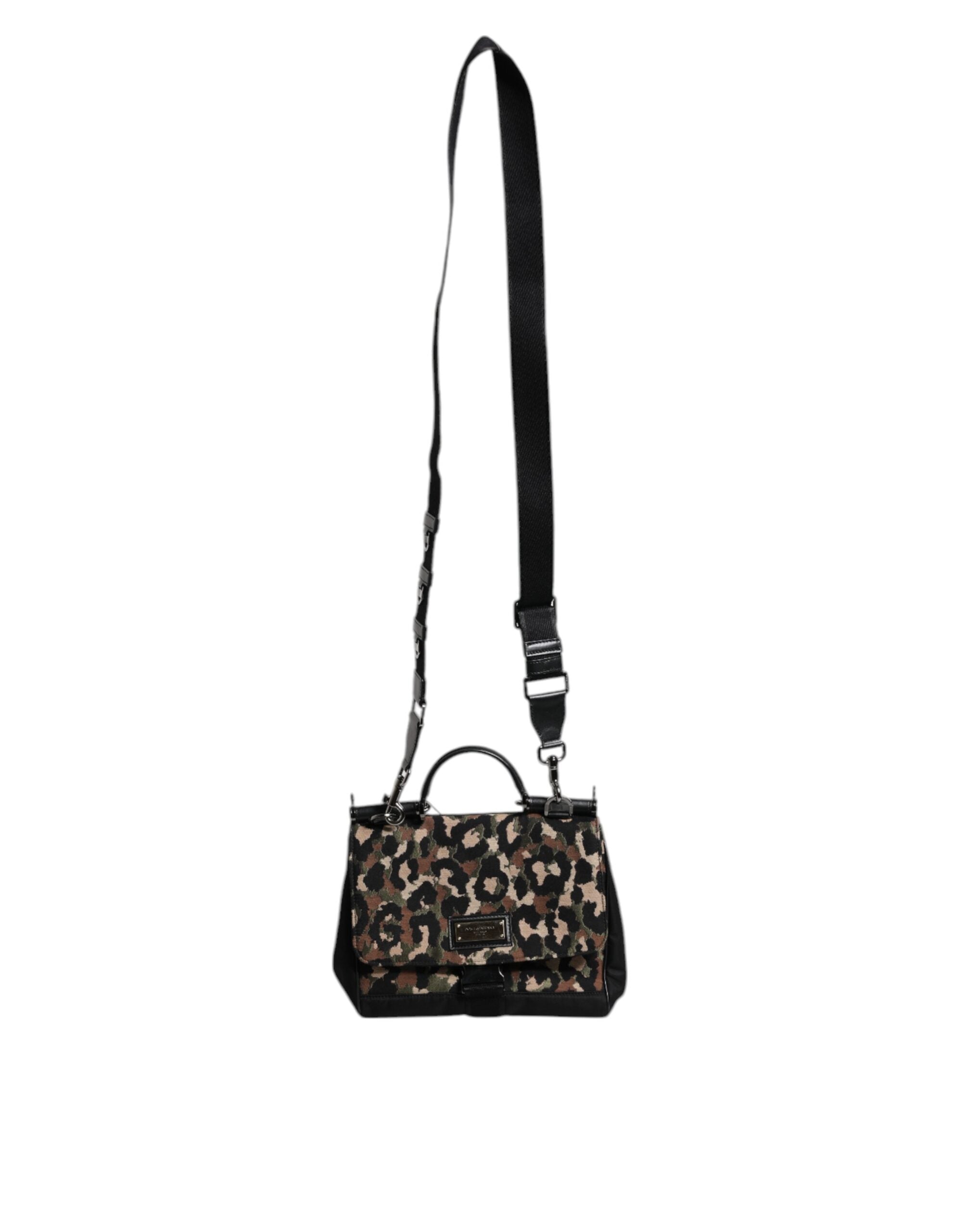 Dolce &amp; Gabbana – Sicily – Tragetasche aus lackiertem Nylon mit Leopardenmuster in Braun