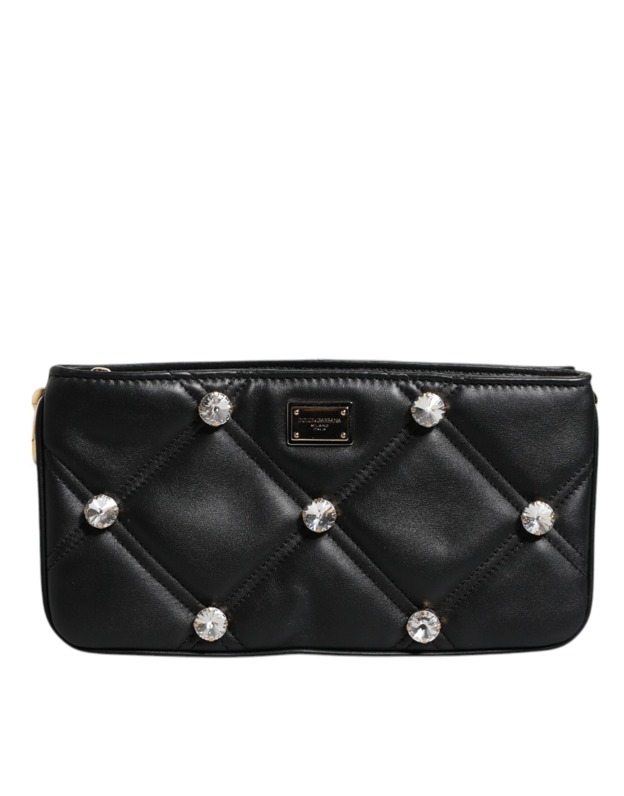 Dolce &amp; Gabbana – Schultertasche aus schwarzem Leder mit Kristallverzierung und Logo