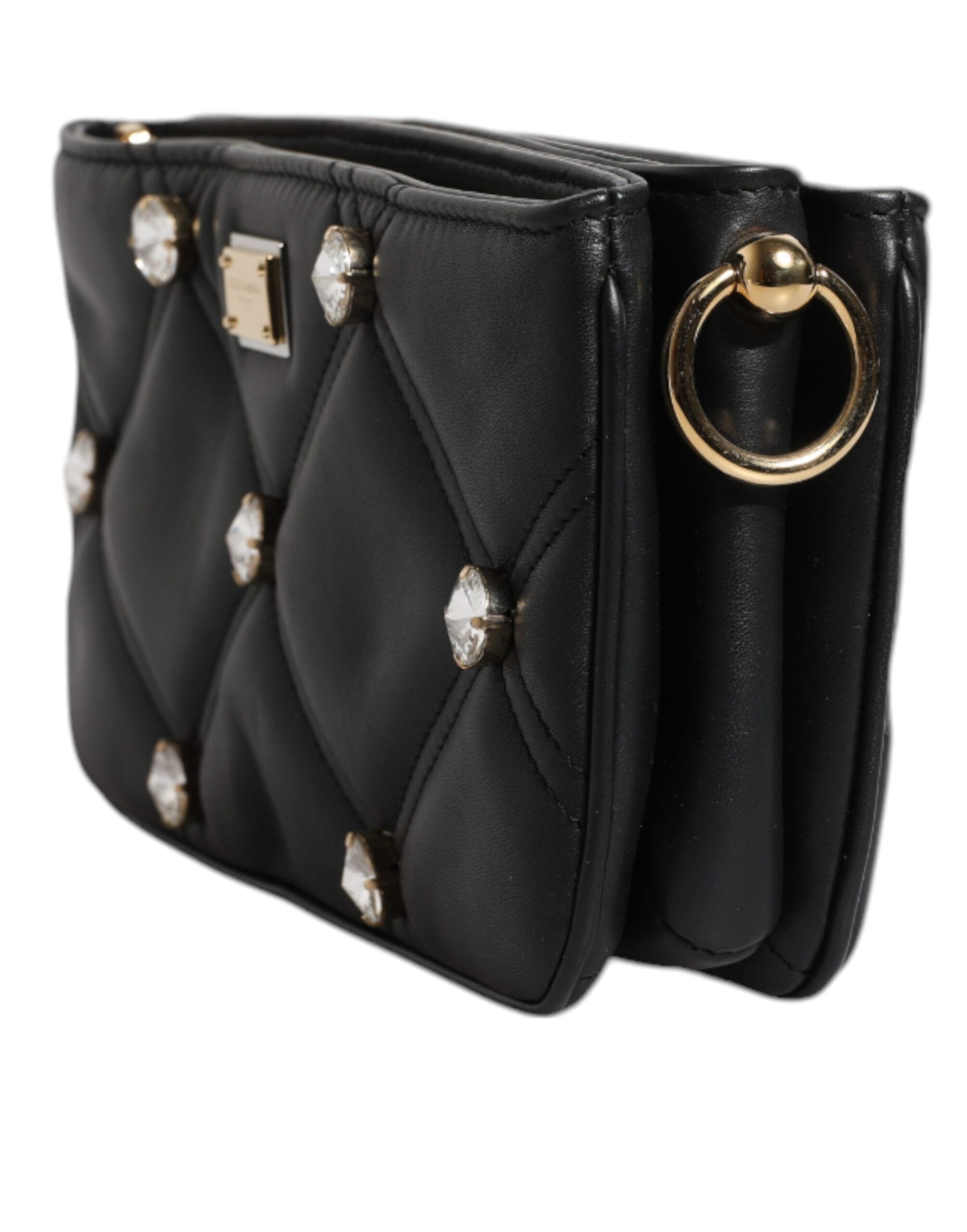 Dolce &amp; Gabbana – Schultertasche aus schwarzem Leder mit Kristallverzierung und Logo