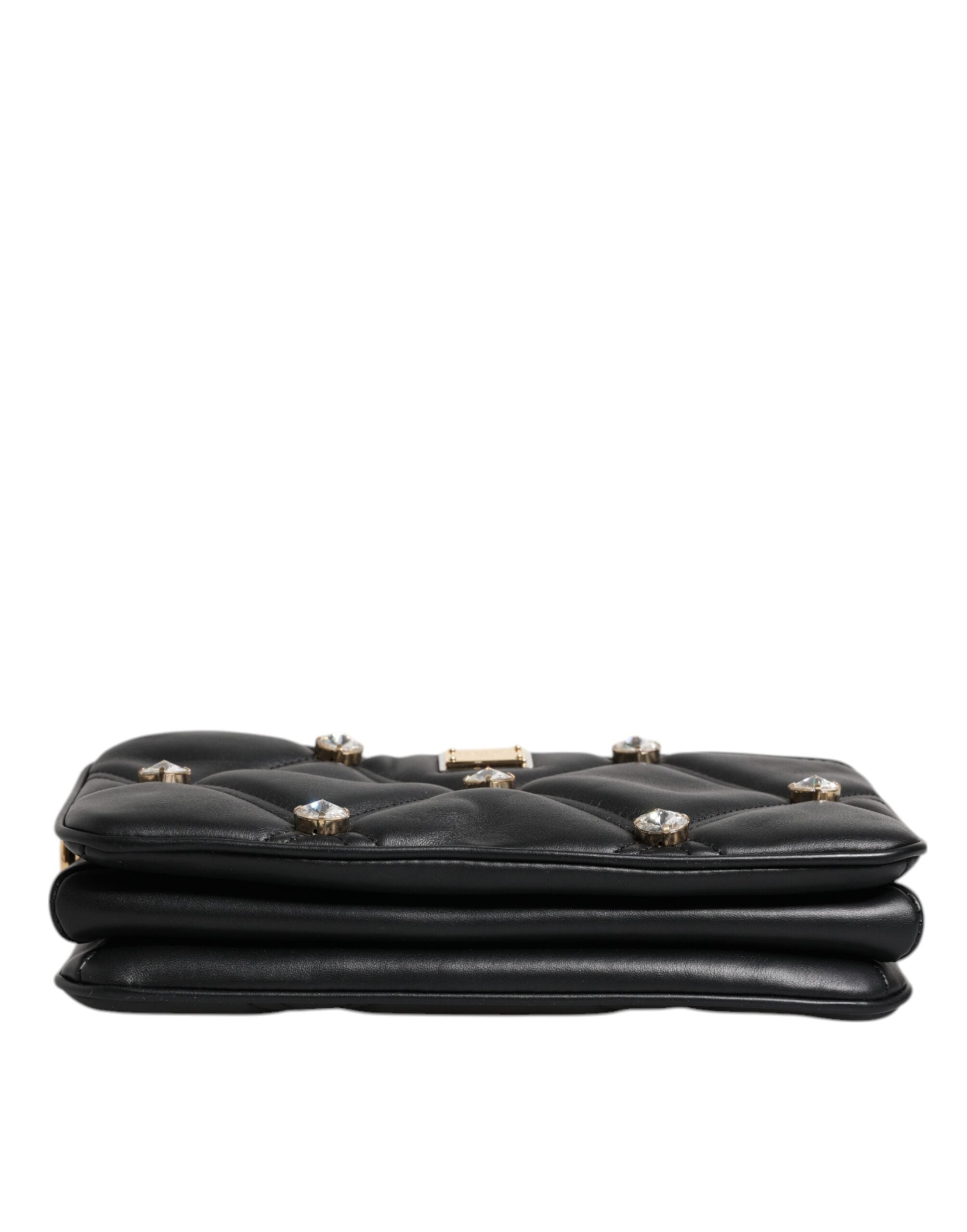 Dolce &amp; Gabbana – Schultertasche aus schwarzem Leder mit Kristallverzierung und Logo