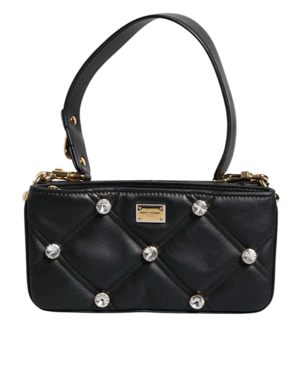 Dolce &amp; Gabbana – Schultertasche aus schwarzem Leder mit Kristallverzierung und Logo