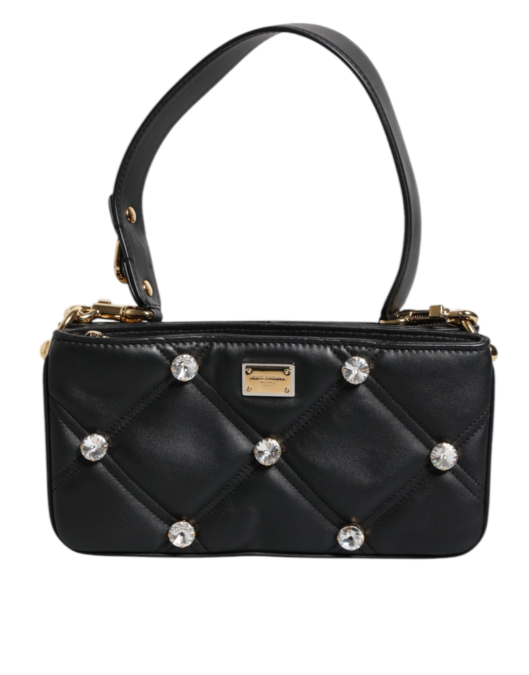 Dolce &amp; Gabbana – Schultertasche aus schwarzem Leder mit Kristallverzierung und Logo