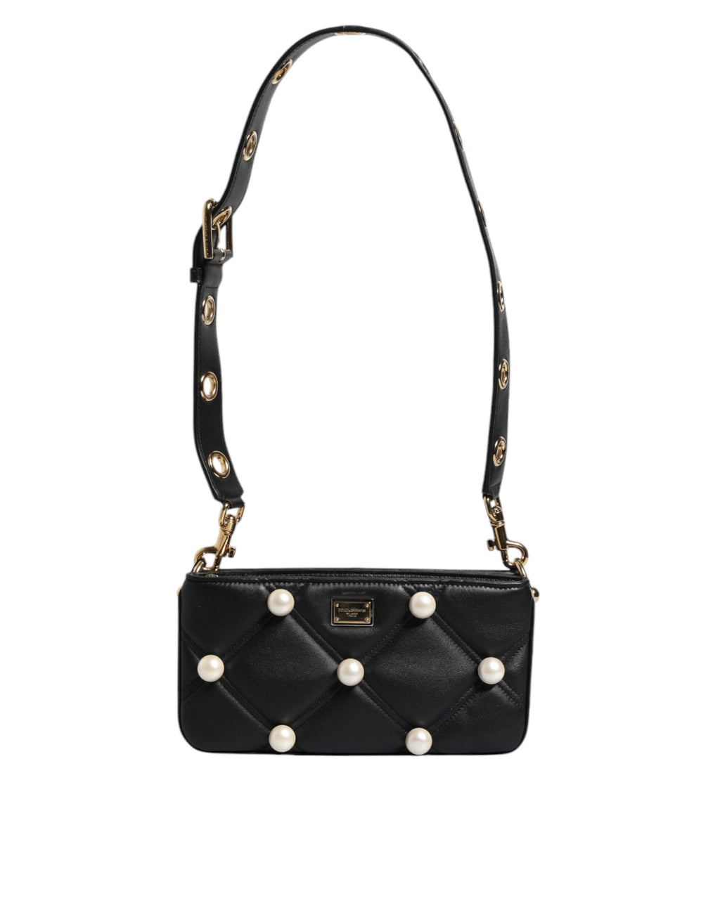 Dolce &amp; Gabbana – Schultertasche aus schwarzem Leder mit Perlenverzierung und Logo