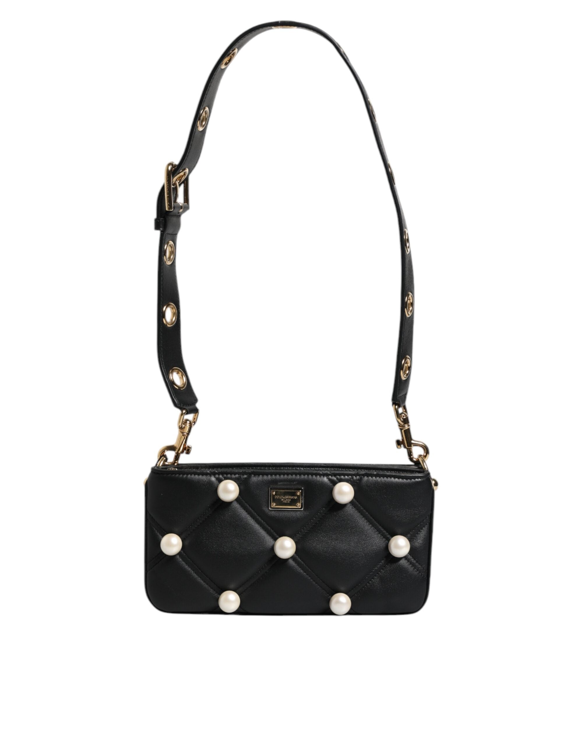 Dolce &amp; Gabbana – Schultertasche aus schwarzem Leder mit Perlenverzierung und Logo