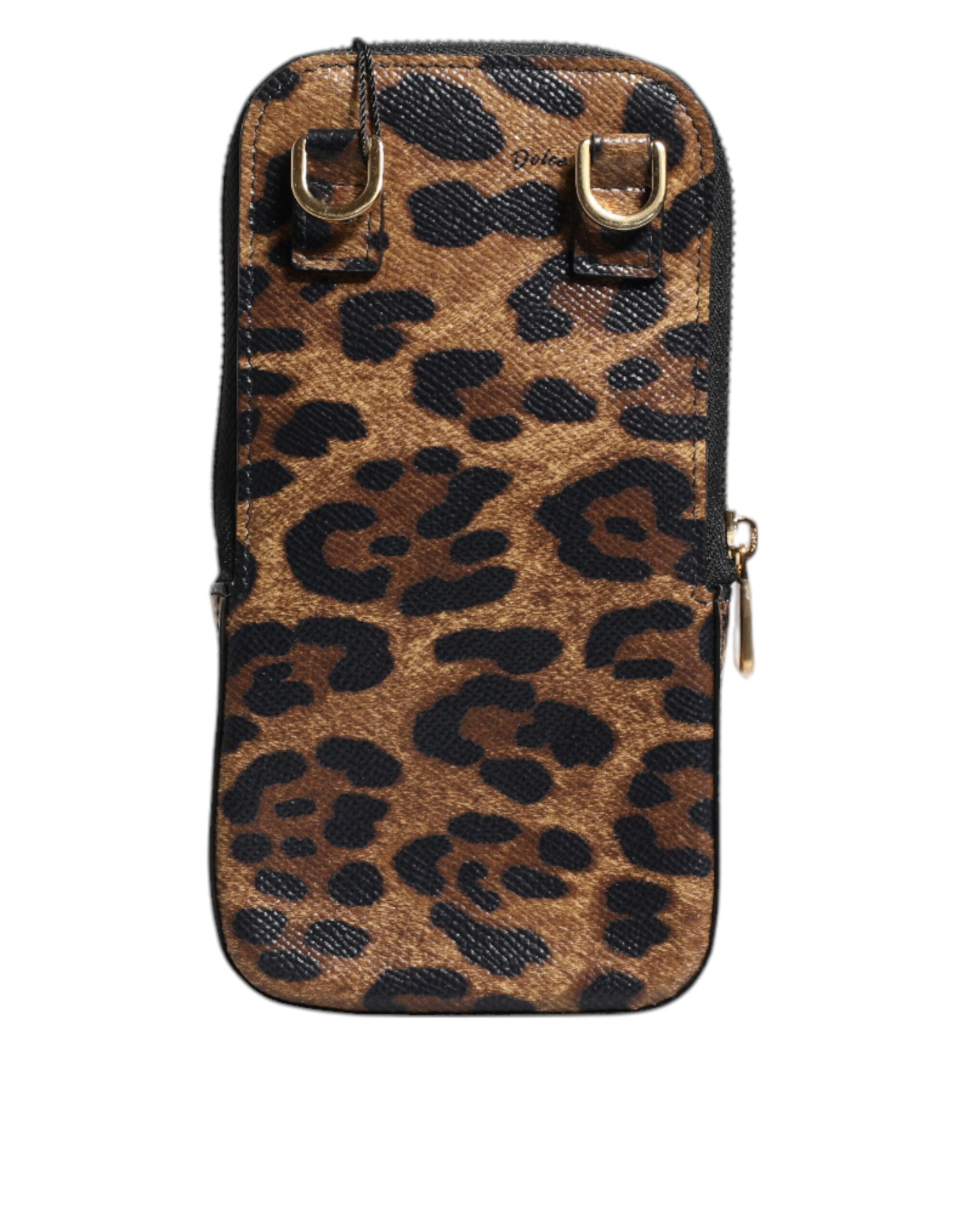 Dolce &amp; Gabbana Braune Geldbörse aus Dauphine-Leder mit Leopardenmuster und Rundum-Reißverschluss