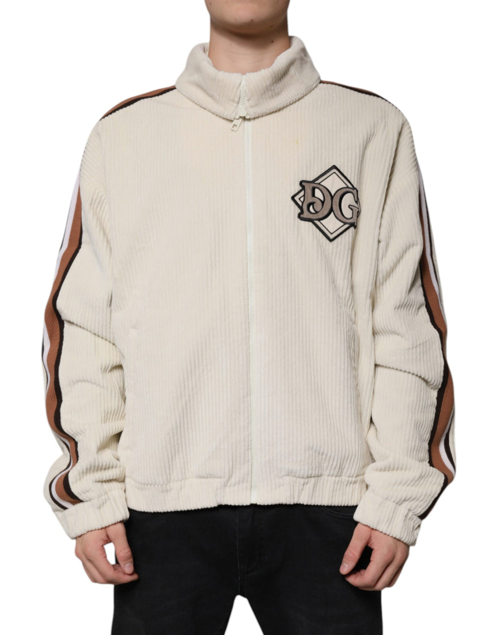 Dolce &amp; Gabbana Beigefarbene Jacke aus Baumwollcord mit durchgehendem Reißverschluss und Logo-Applikation
