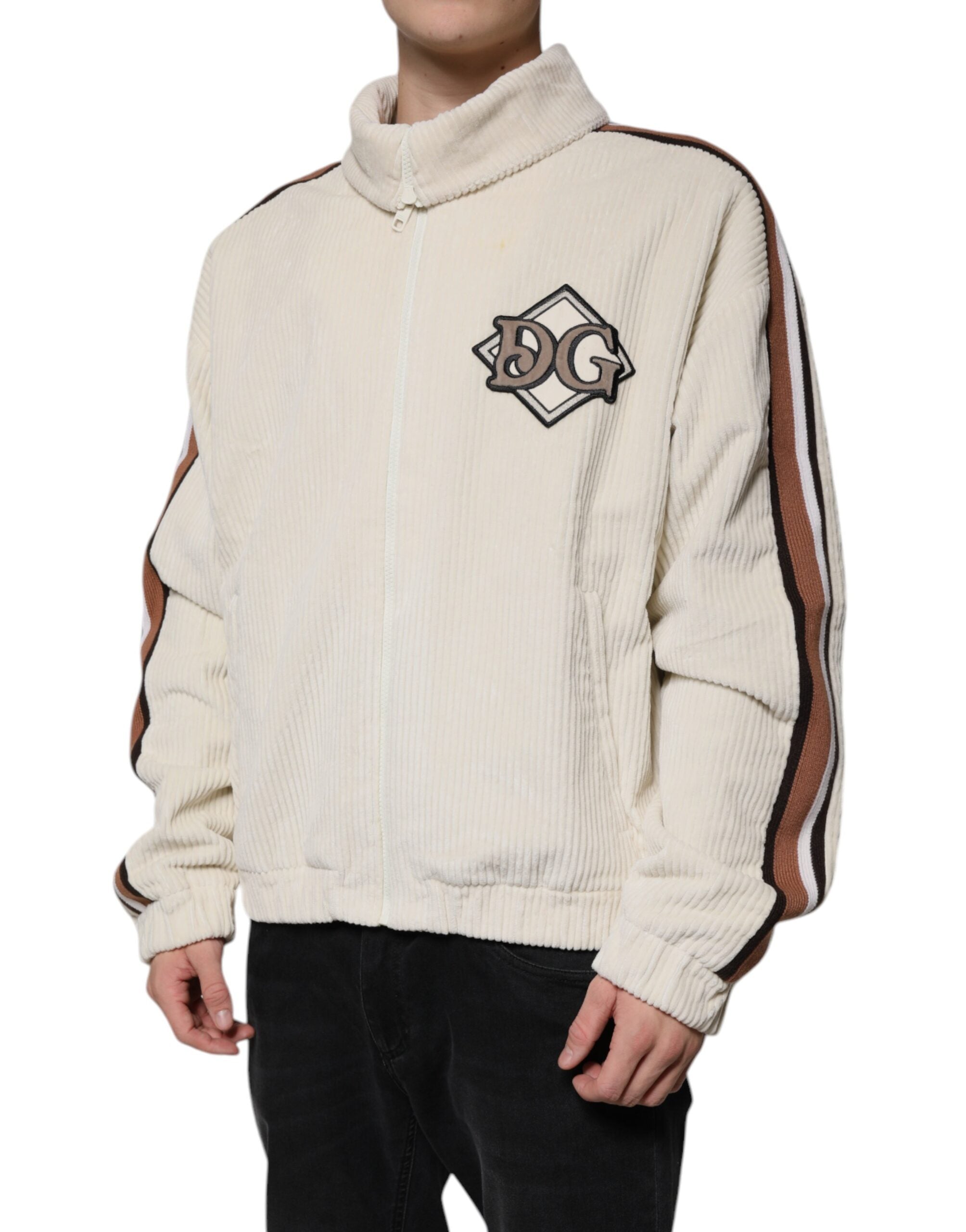 Dolce &amp; Gabbana Beigefarbene Jacke aus Baumwollcord mit durchgehendem Reißverschluss und Logo-Applikation