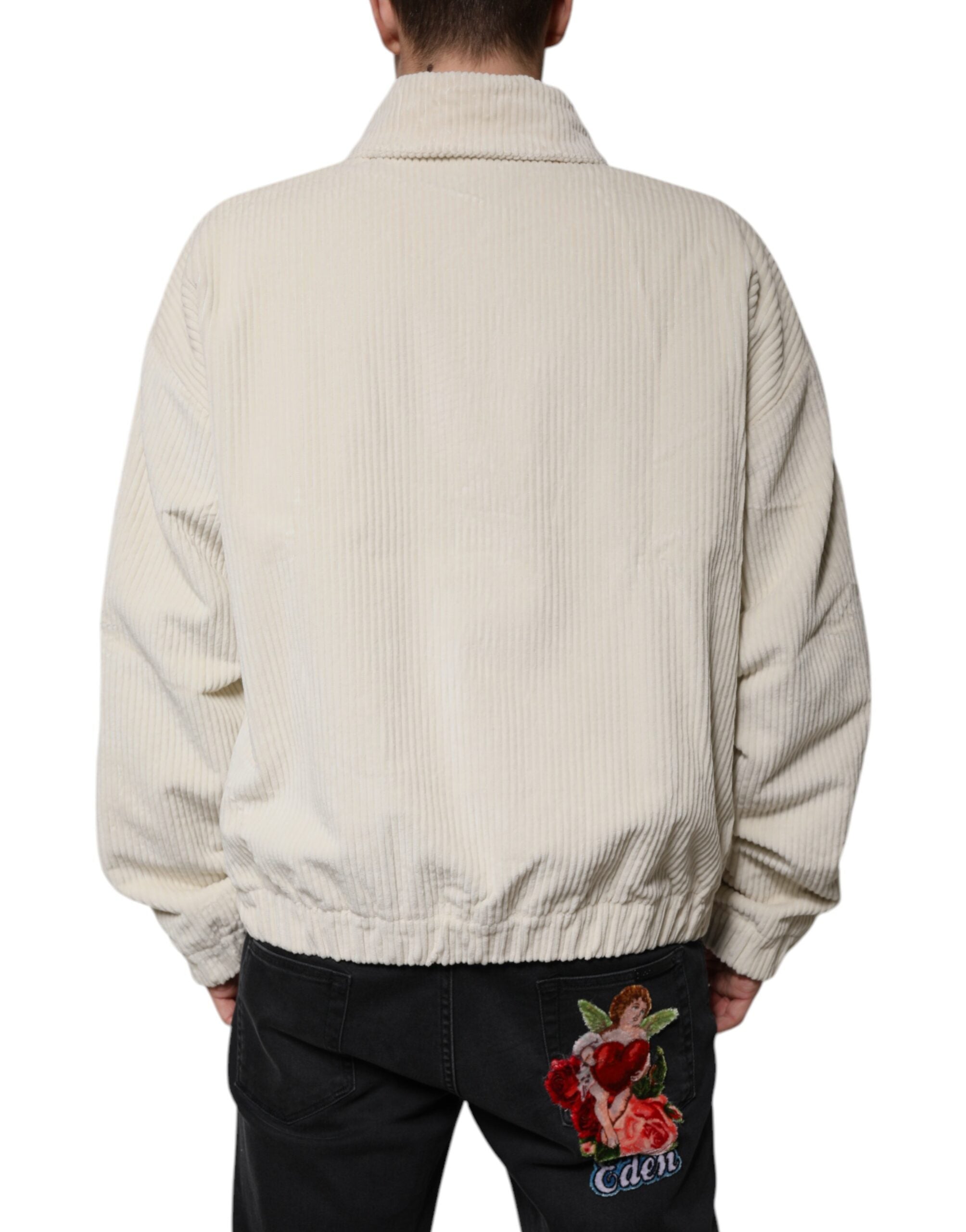 Dolce &amp; Gabbana Beigefarbene Jacke aus Baumwollcord mit durchgehendem Reißverschluss und Logo-Applikation