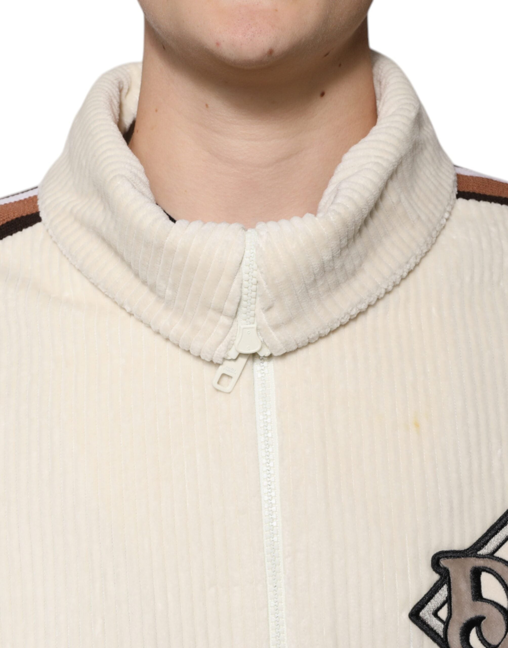 Dolce &amp; Gabbana Beigefarbene Jacke aus Baumwollcord mit durchgehendem Reißverschluss und Logo-Applikation