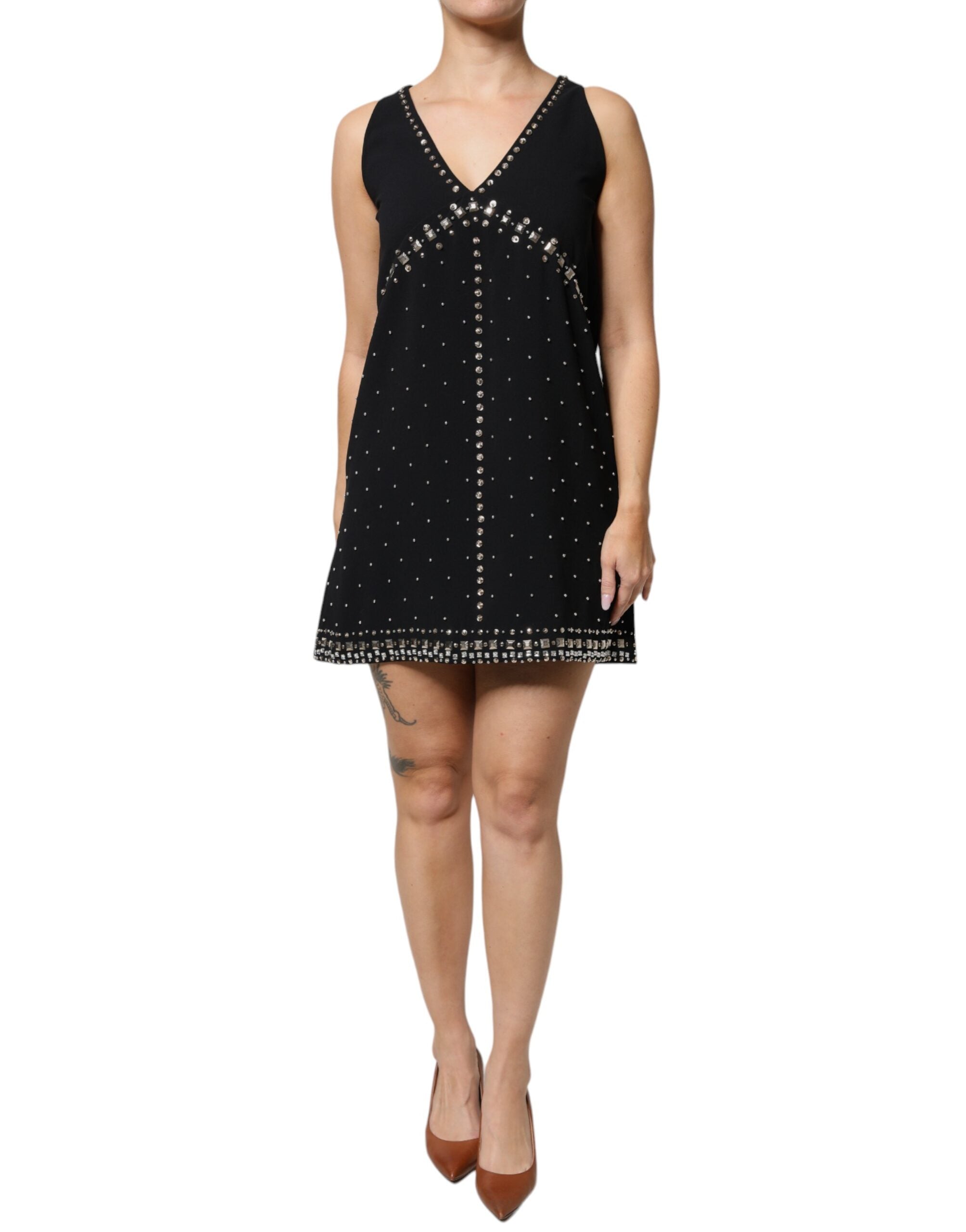 PINKO Schwarzes, verziertes, ärmelloses A-Linien-Minikleid aus Polyester