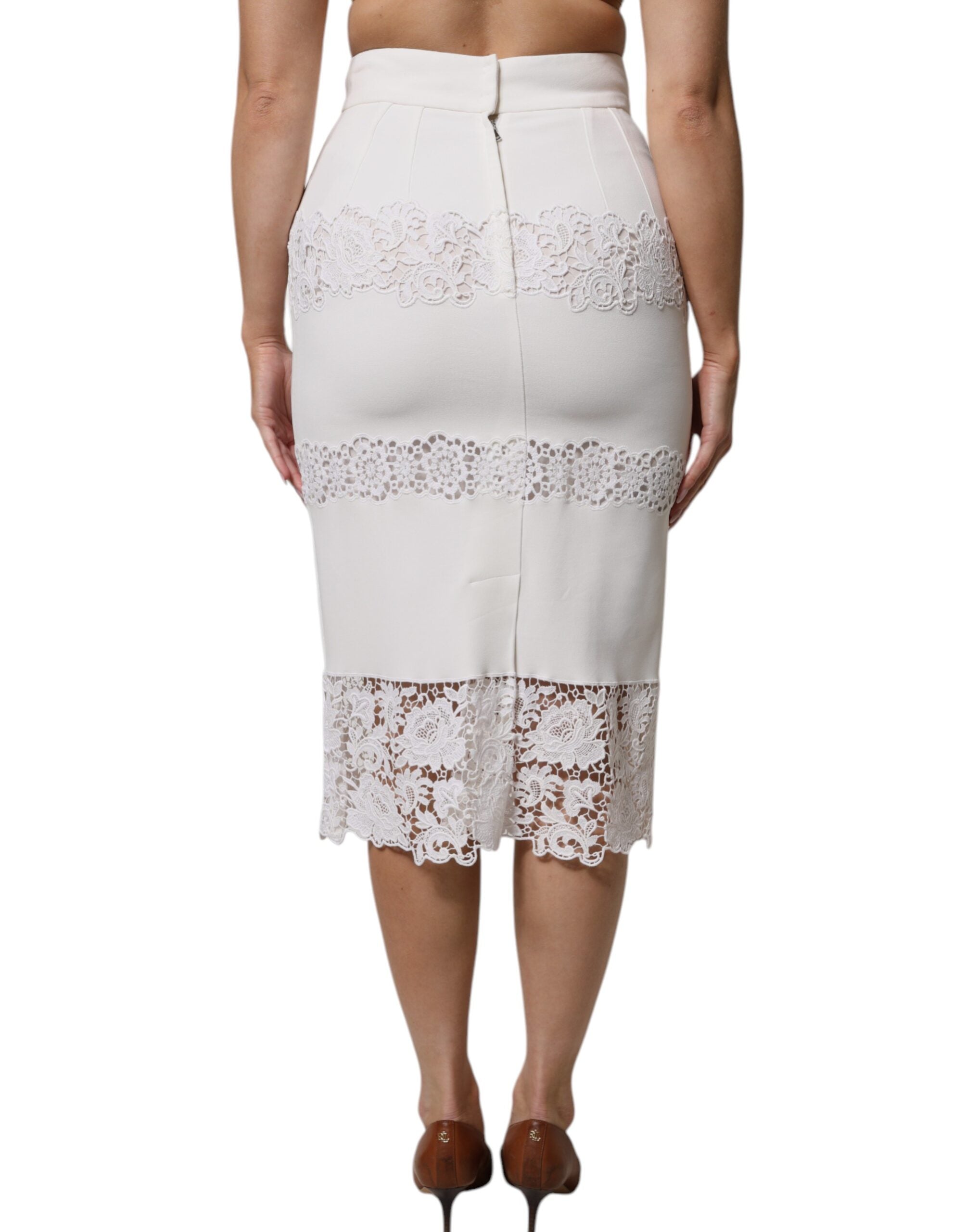 Dolce &amp; Gabbana Weißer Bleistiftrock mit Blumenspitze und hoher Taille