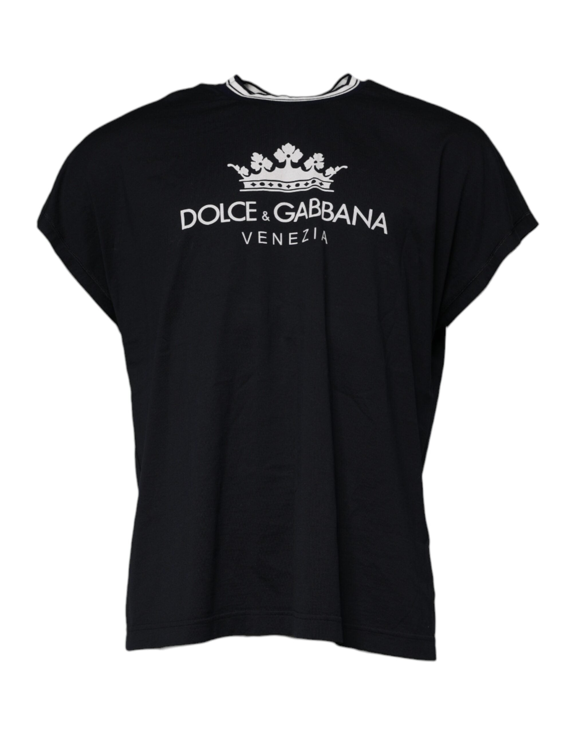 Dolce &amp; Gabbana Dunkelblaues T-Shirt aus Baumwolle mit Rundhalsausschnitt und Krone