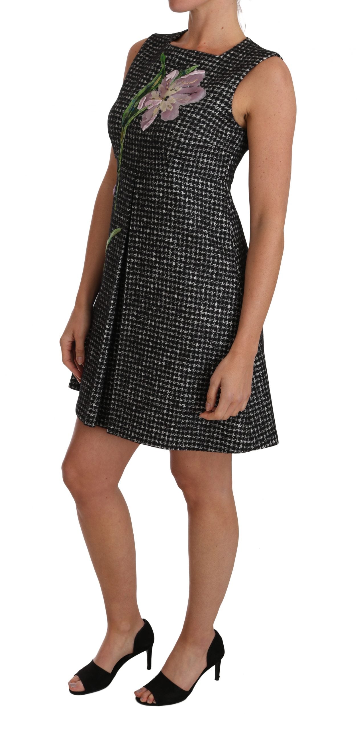 Dolce &amp; Gabbana Elegantes graues Mini-A-Linien-Kleid mit lila Tulpe