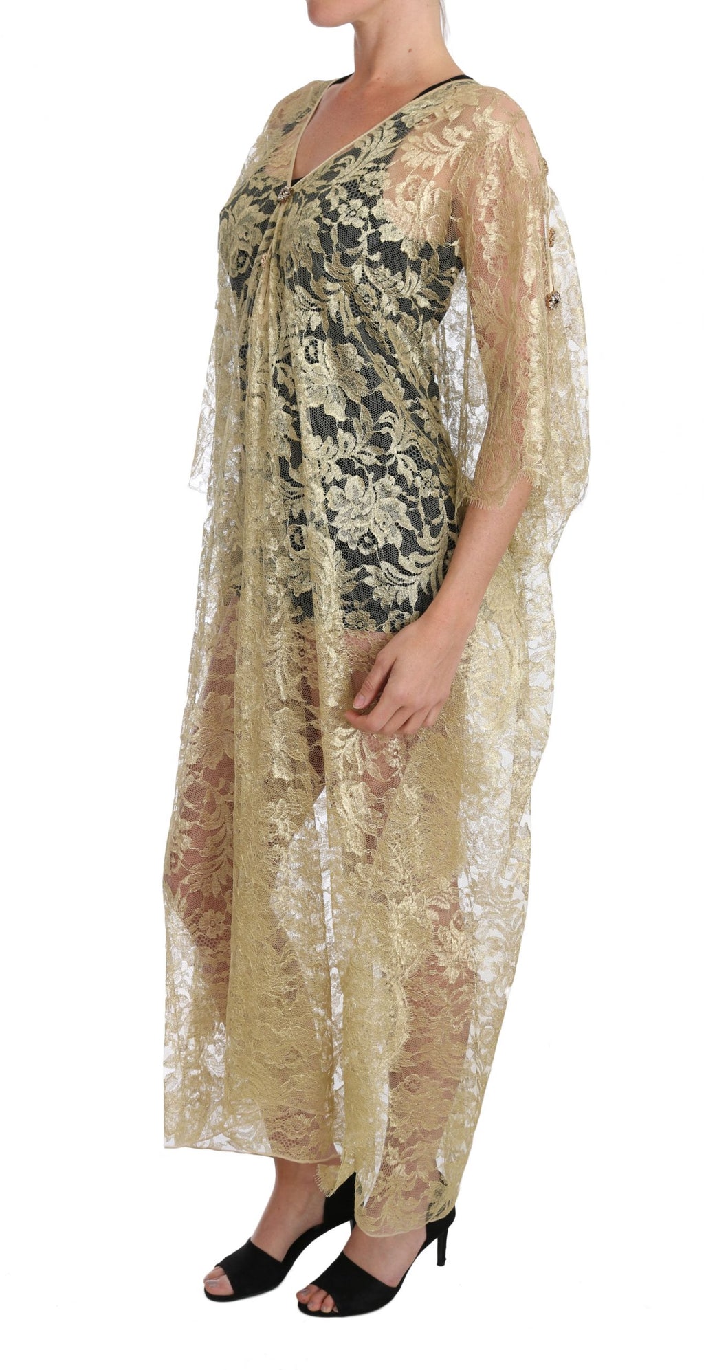 Dolce &amp; Gabbana Goldenes Blumen-Spitzen-Kaftan-Sommerkleid
