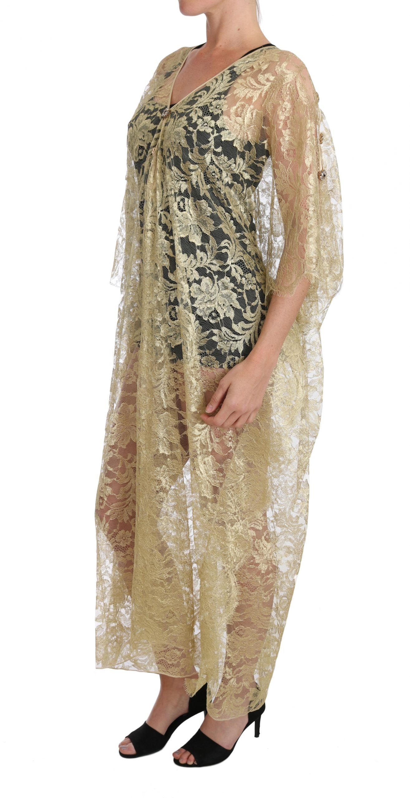 Dolce &amp; Gabbana Goldenes Blumen-Spitzen-Kaftan-Sommerkleid