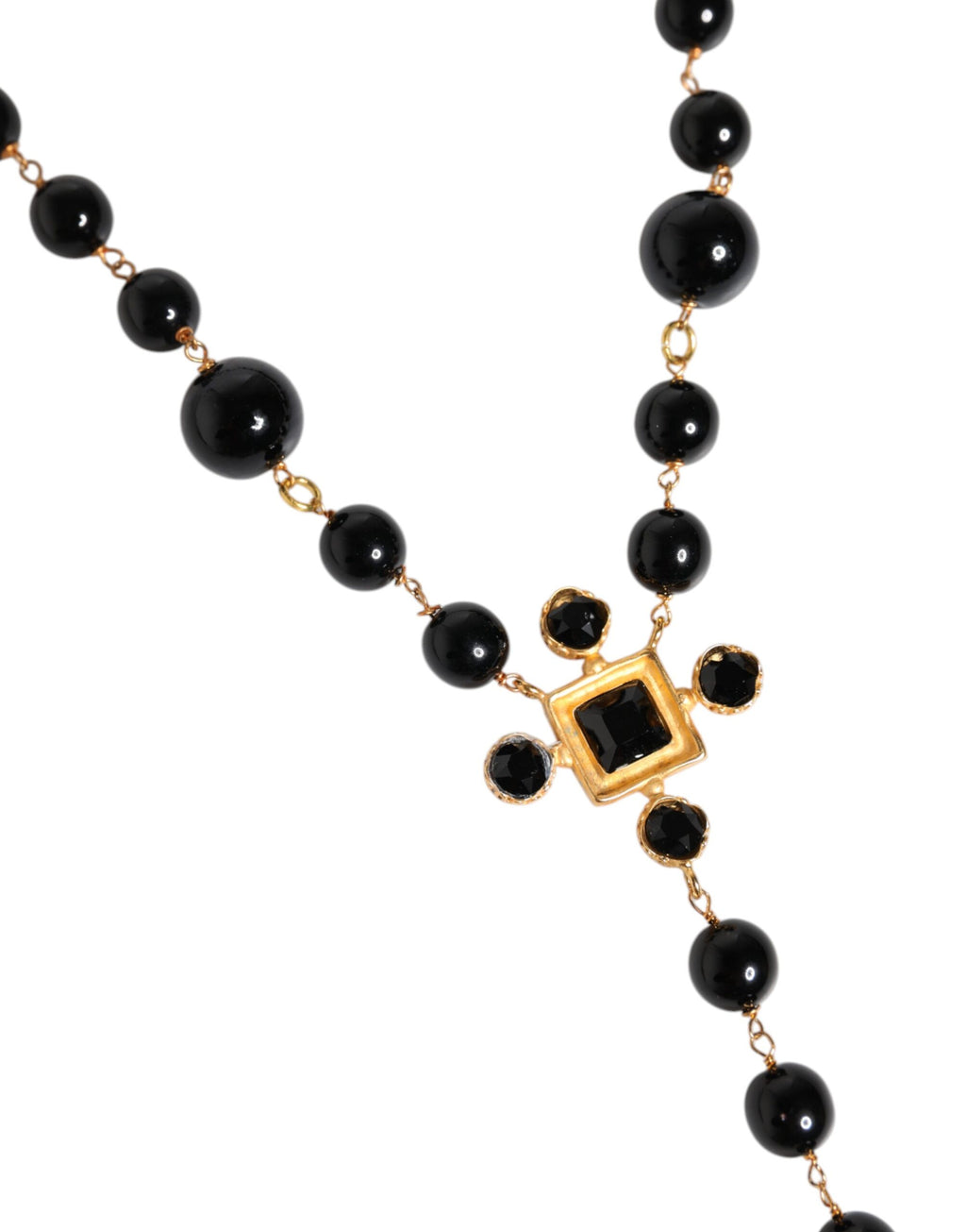Dolce &amp; Gabbana – Rosenkranz-Halskette aus goldfarbenem Messing mit Kreuz und schwarzen Perlen