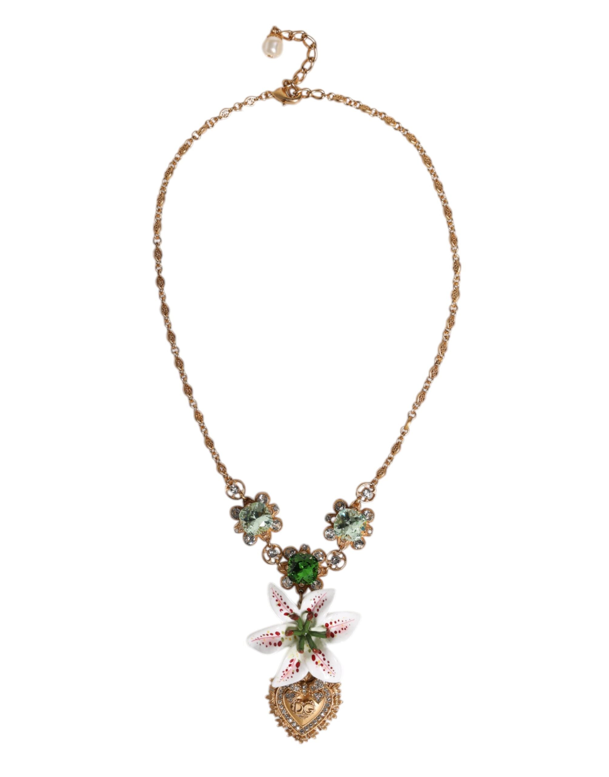 Dolce &amp; Gabbana Halskette mit Herz-Jesu-Anhänger aus goldenem Messing mit Lilien- und Kristall