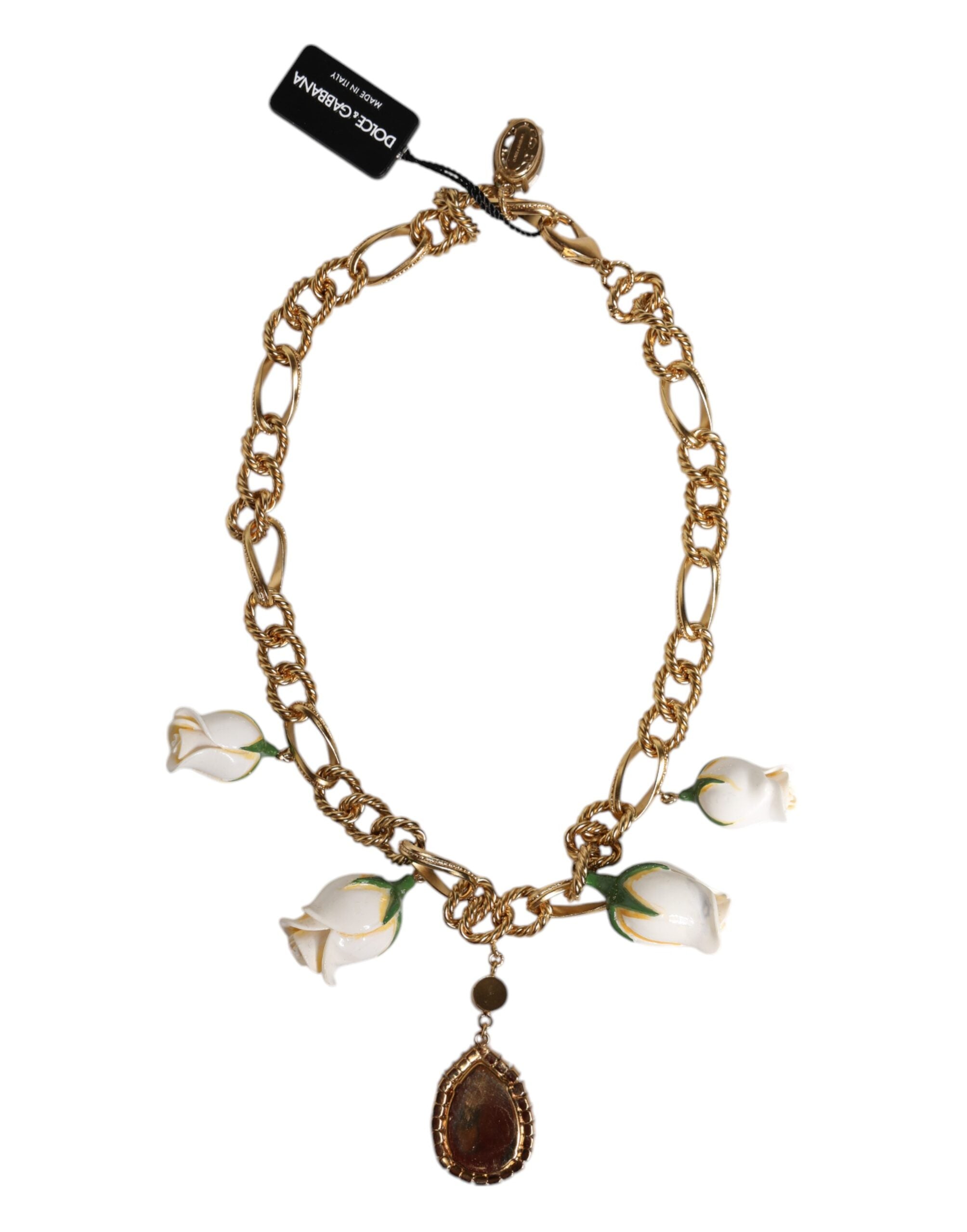 Dolce &amp; Gabbana Halskette mit Blumen- und Kristallanhänger aus goldenem Messing