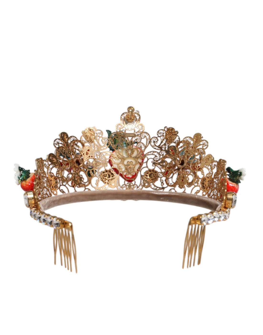 Dolce &amp; Gabbana – Mehrfarbige Tiara mit Blumen- und Erdbeermotiv und Kristallverzierung