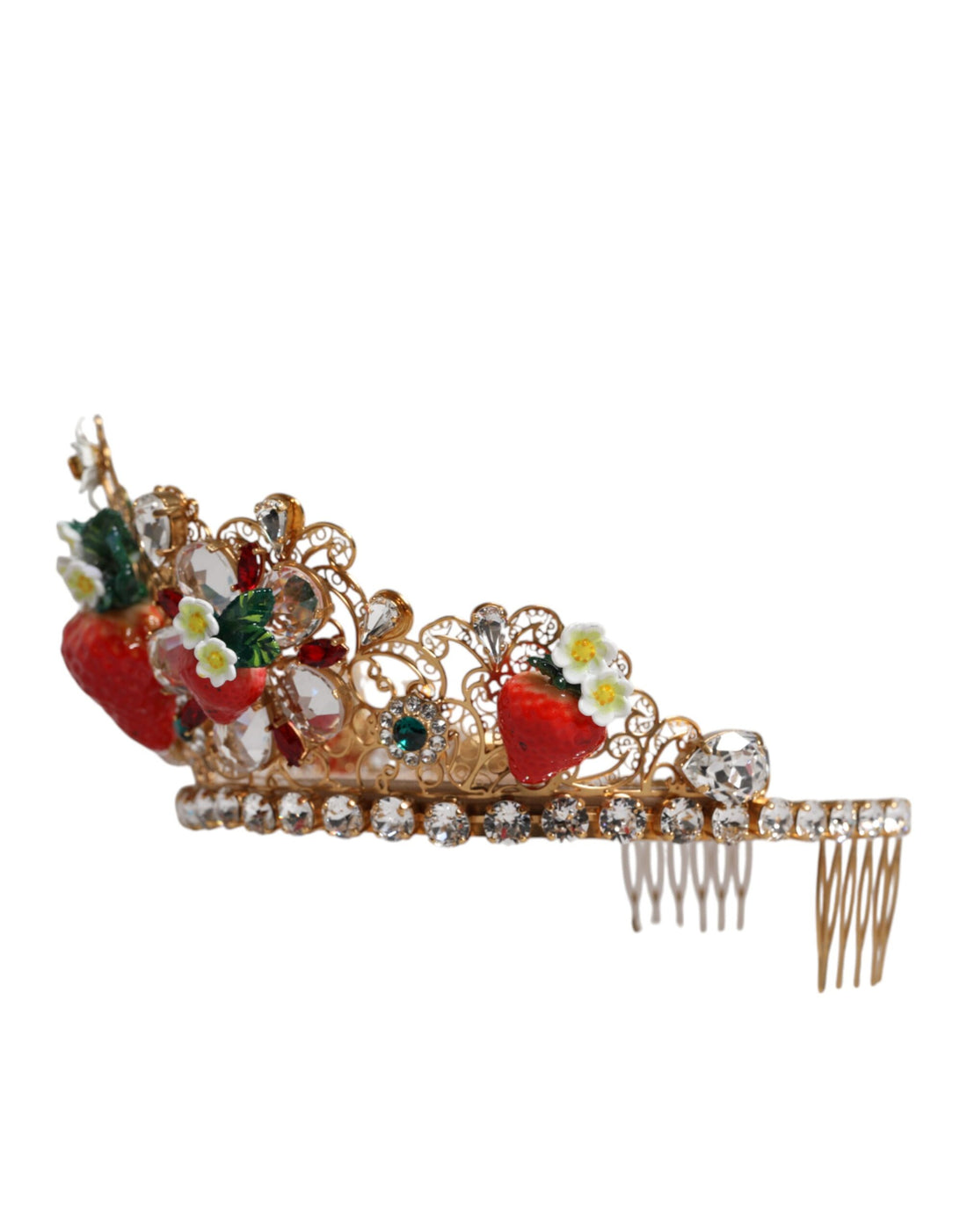 Dolce &amp; Gabbana – Mehrfarbige Tiara mit Blumen- und Erdbeermotiv und Kristallverzierung
