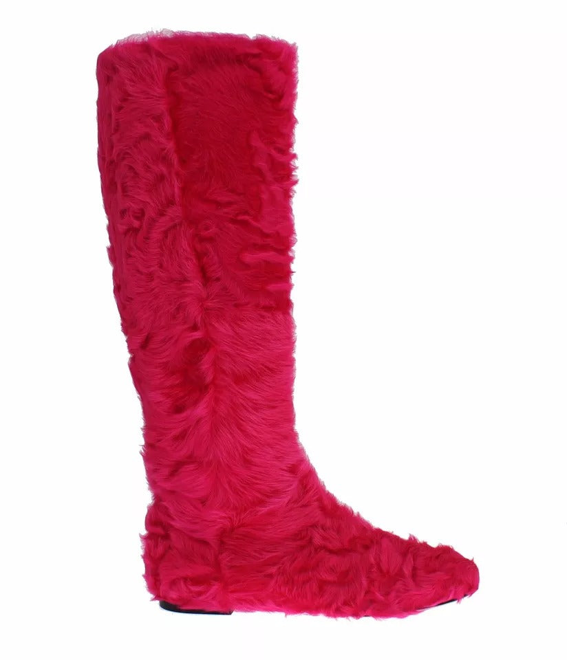 Dolce &amp; Gabbana Rosa Lammfell Leder Flache Stiefel Schuhe