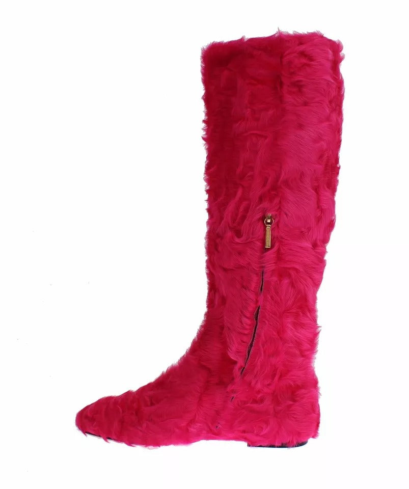 Dolce &amp; Gabbana Rosa Lammfell Leder Flache Stiefel Schuhe