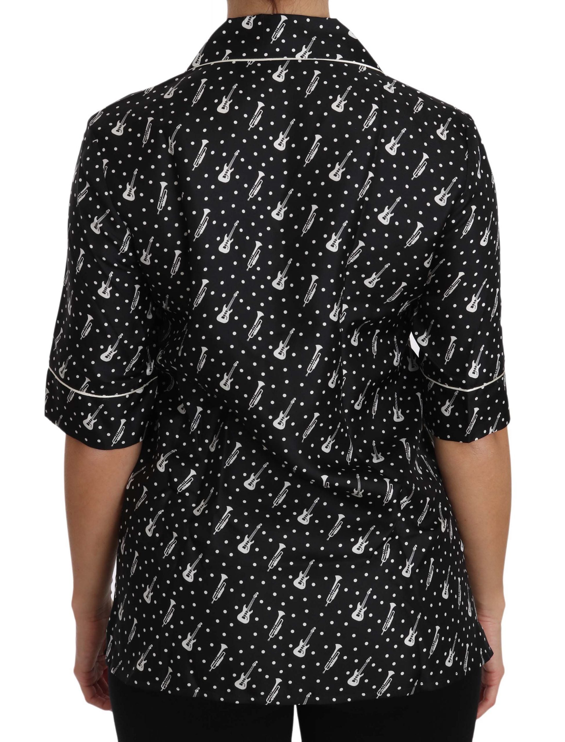 Dolce &amp; Gabbana – Seiden-Poloshirt mit Gitarren- und Trompetendruck