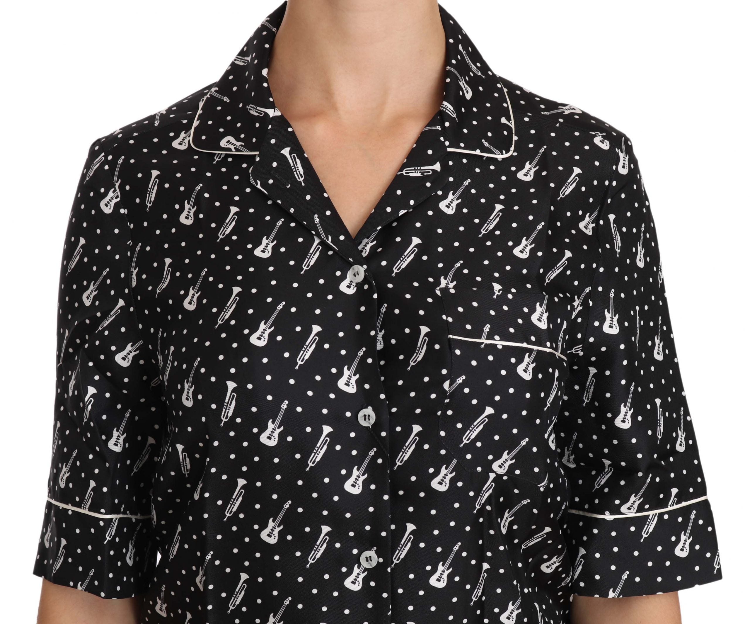 Dolce &amp; Gabbana – Seiden-Poloshirt mit Gitarren- und Trompetendruck