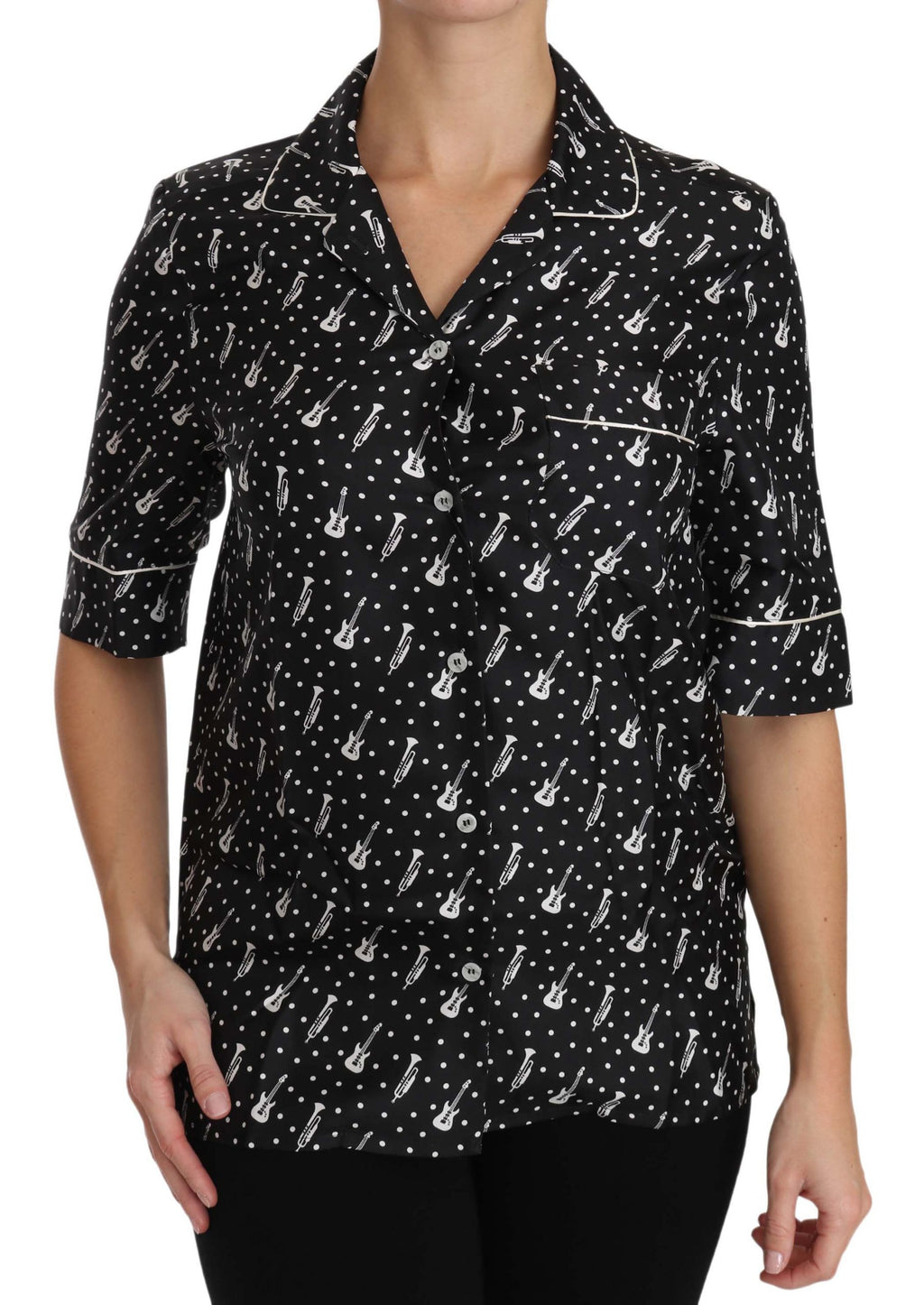 Dolce &amp; Gabbana – Seiden-Poloshirt mit Gitarren- und Trompetendruck