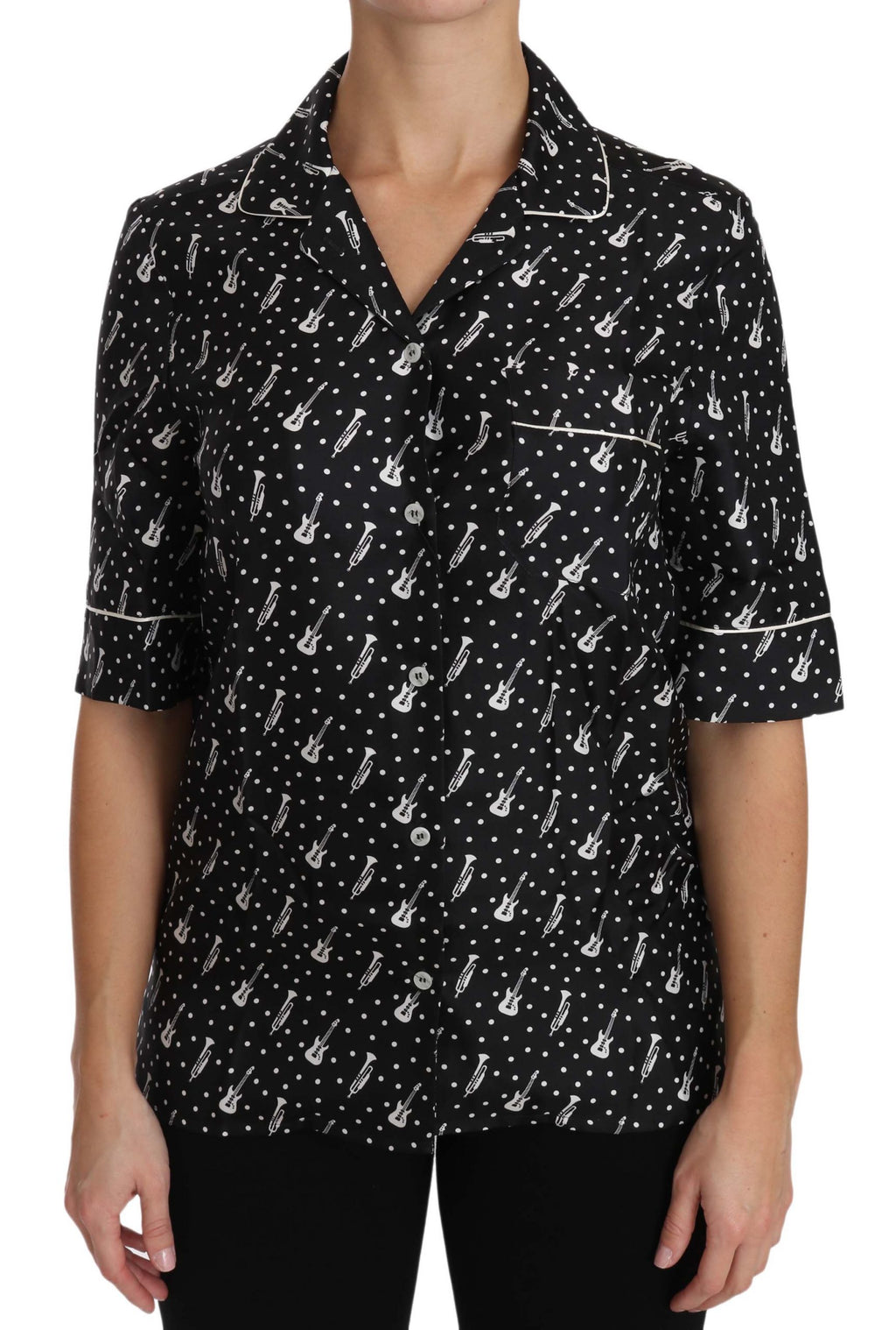 Dolce &amp; Gabbana – Seiden-Poloshirt mit Gitarren- und Trompetendruck