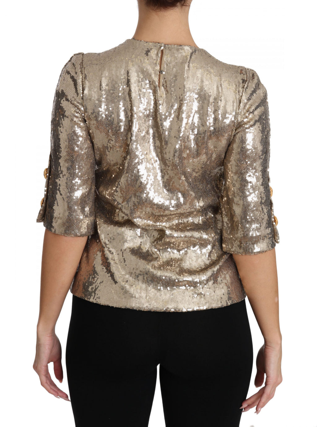 Dolce &amp; Gabbana – Rundhalsbluse mit goldenem Papageienmotiv und Kristallen