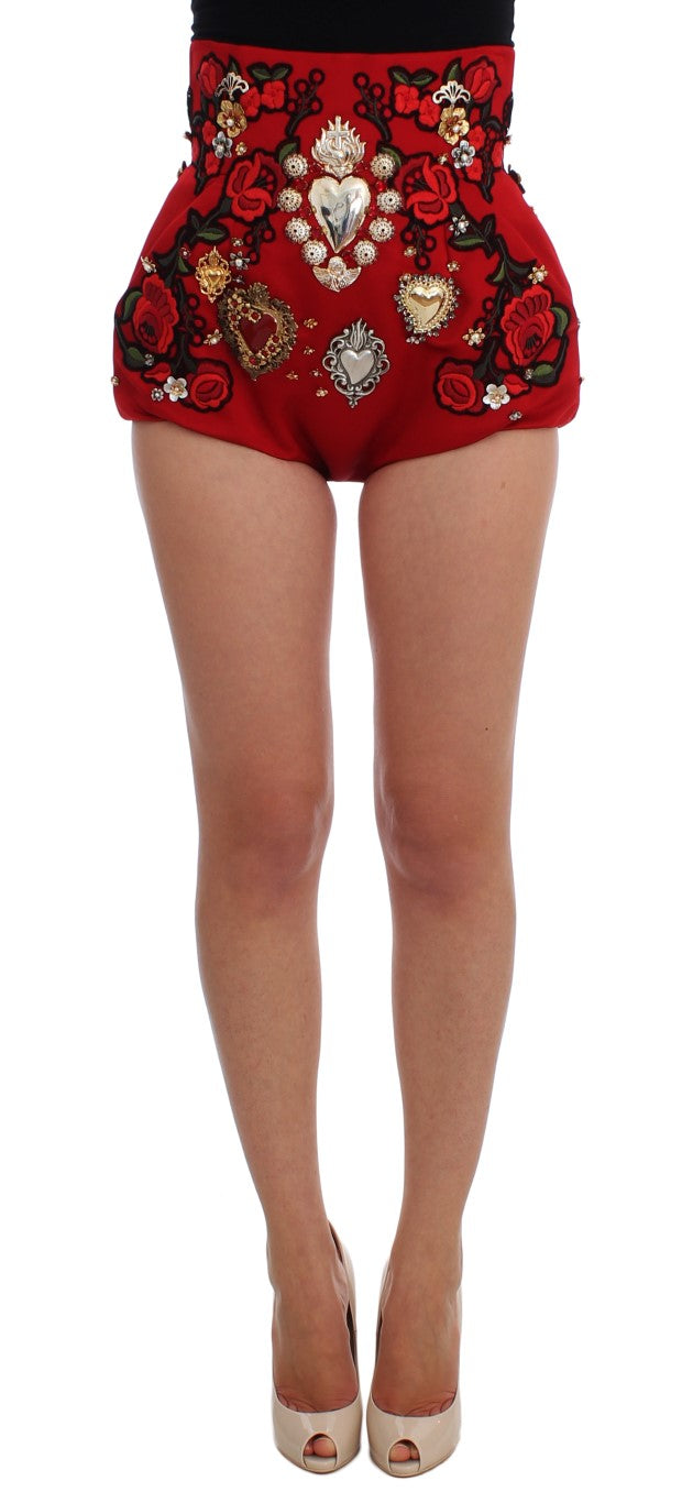 Dolce &amp; Gabbana Rote Mini-Shorts aus Seide mit Kristallverzierung