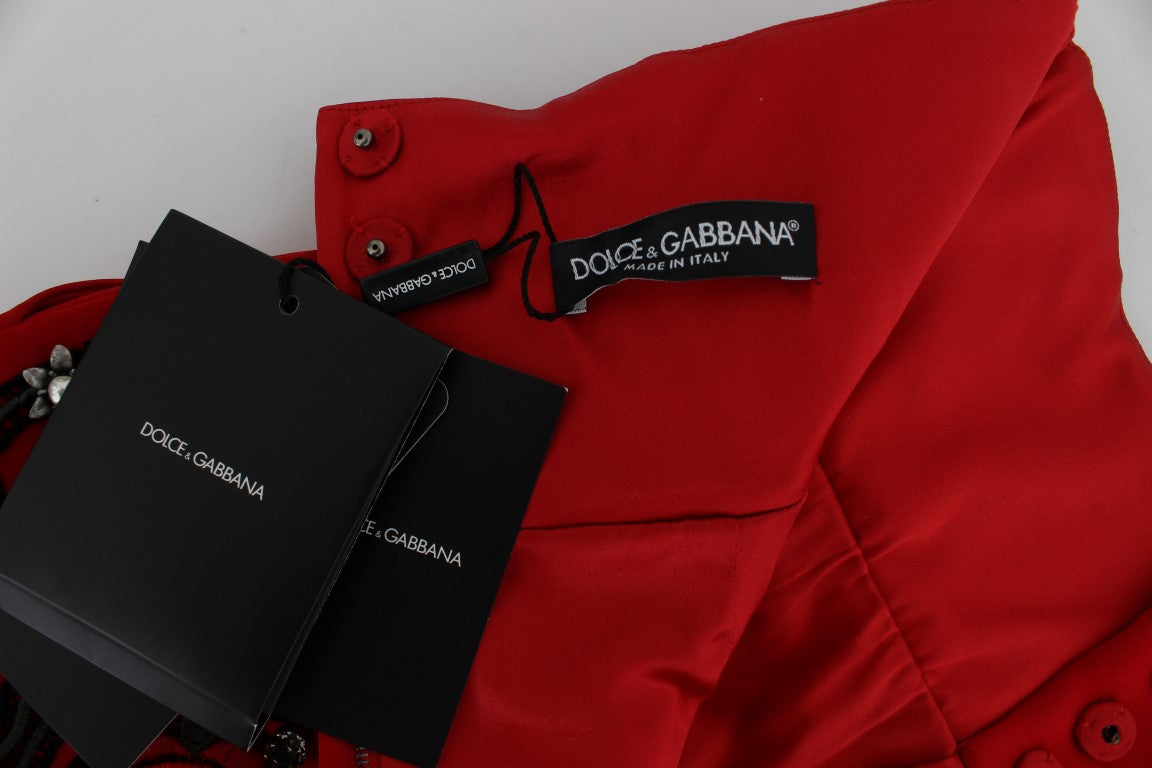 Dolce &amp; Gabbana Rote Mini-Shorts aus Seide mit Kristallverzierung